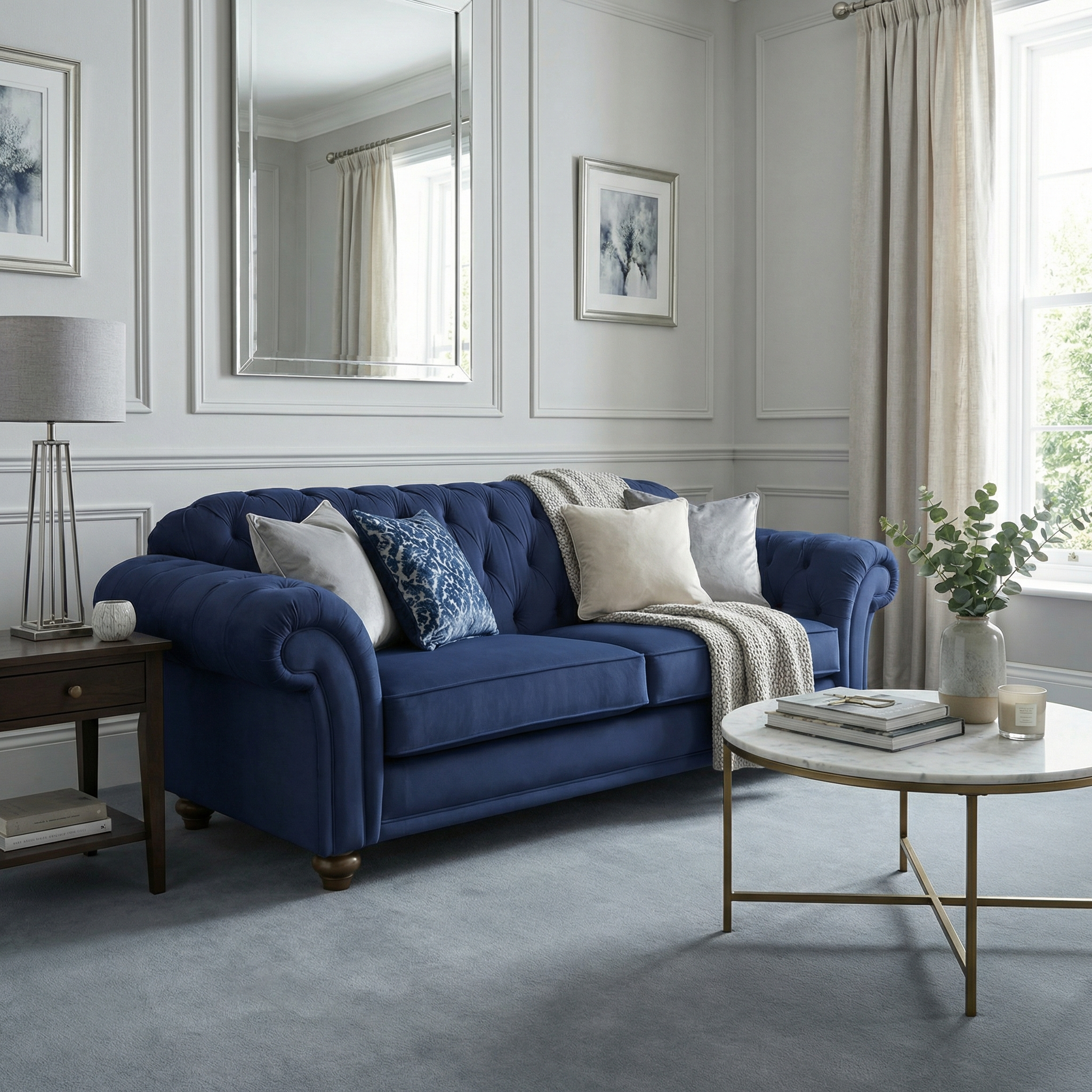 A Chesterfield 3 Seat Velvet Sofa in Royal Blue, accented with assorted pillows, anchors a bright and elegant living room featuring a round coffee table and a large window.