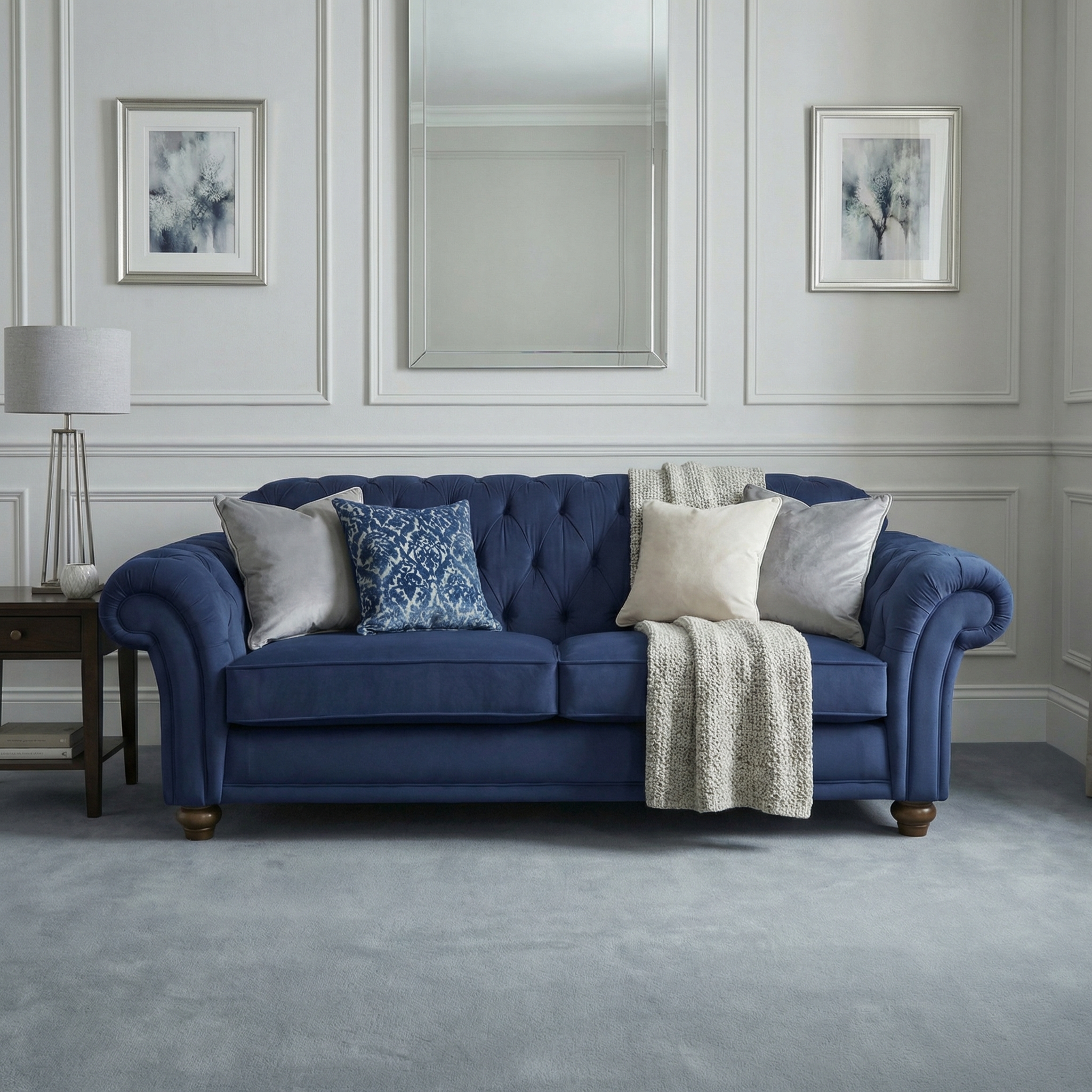 The Chesterfield 3 Seat Velvet Sofa in Royal Blue is styled with assorted pillows and a blanket in a bright, elegant living room featuring framed art.