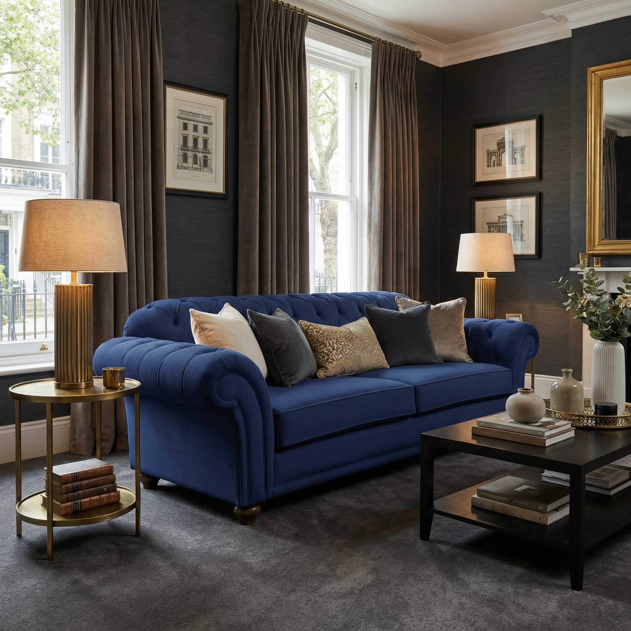 Elegant living room featuring a handcrafted in England Chesterfield 3 Seat Velvet Sofa in Royal Blue, neutral pillows, lamps, and artwork on dark walls by large windows.