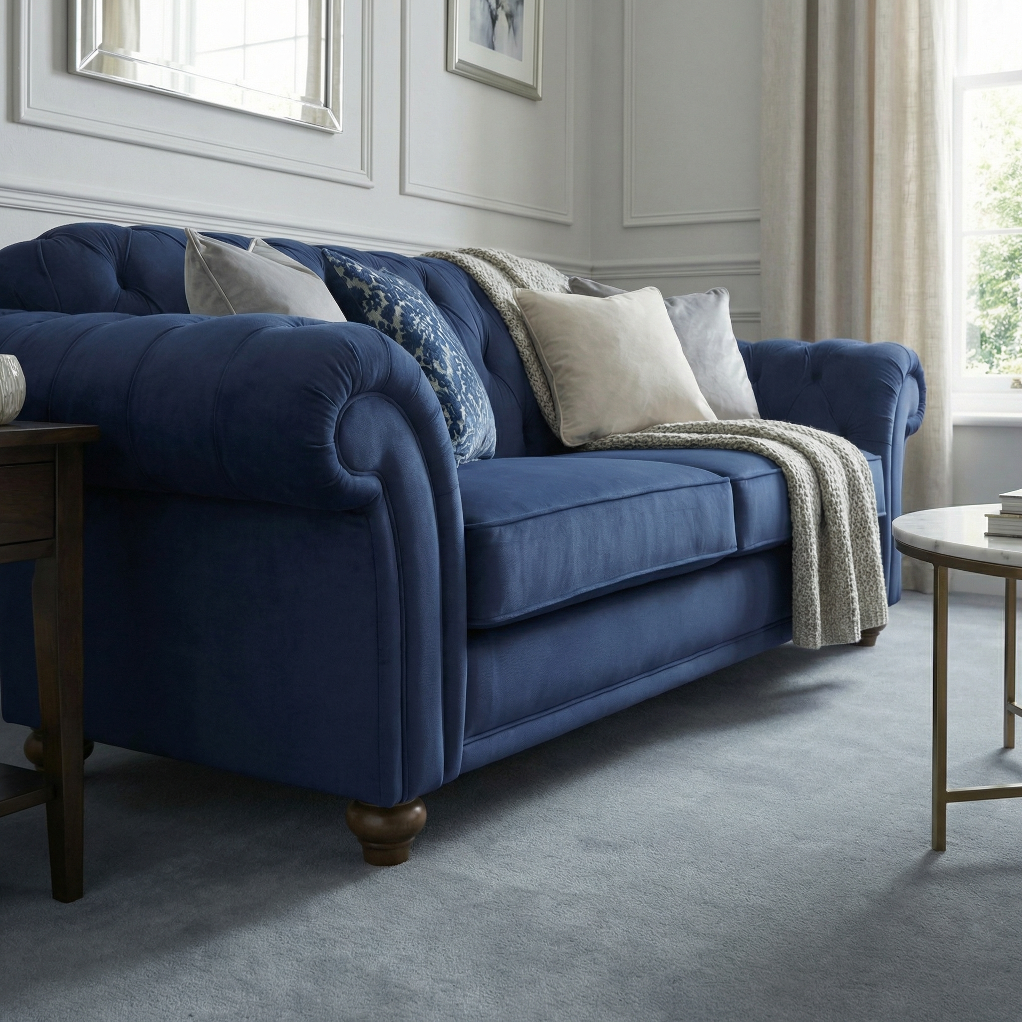 The Chesterfield 3 Seat Velvet Sofa in Royal Blue, handcrafted in England, brings elegance to a bright living room with neutral walls and carpet, complemented by assorted cushions and a throw.