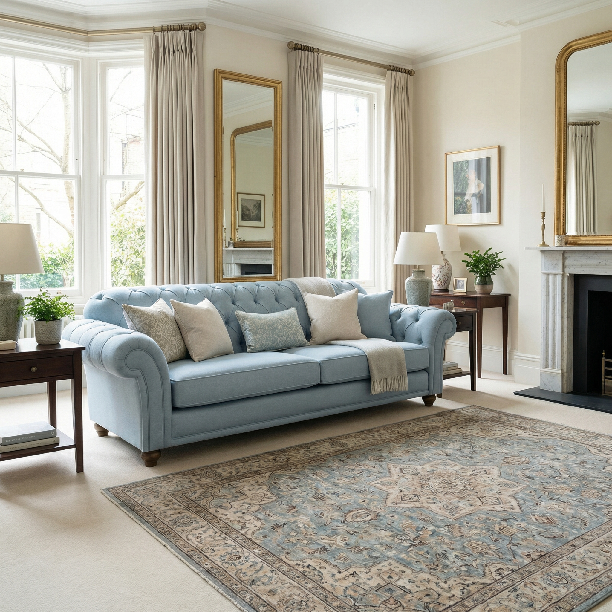 Elegant living room featuring the Chesterfield 3 Seat Sofa in Sky Blue, a patterned rug, large windows, and mirrors above the fireplace.