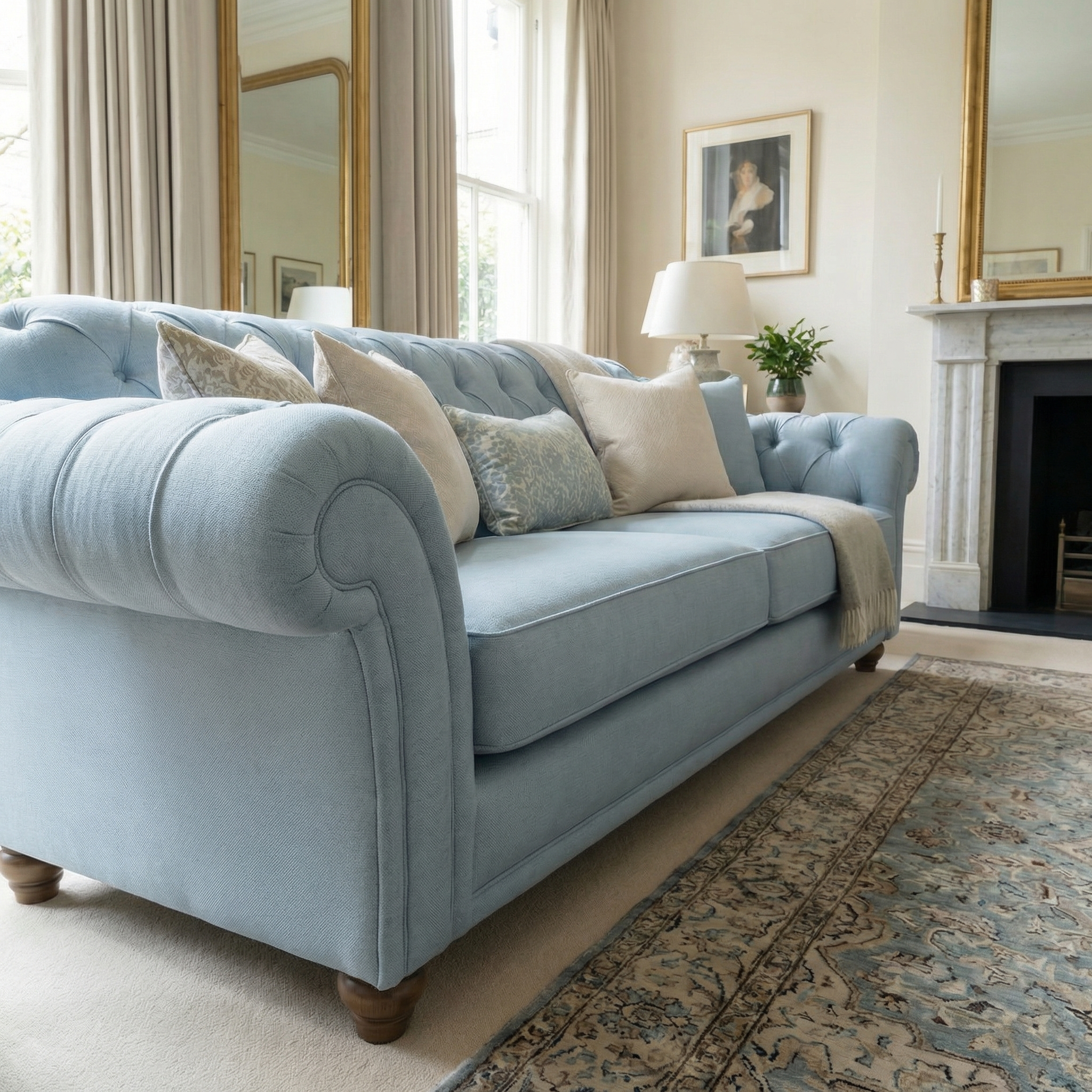 The Chesterfield 3 Seat Sofa in Sky Blue, paired with cream and blue cushions, adds style to an elegant living room with large windows and a fireplace.