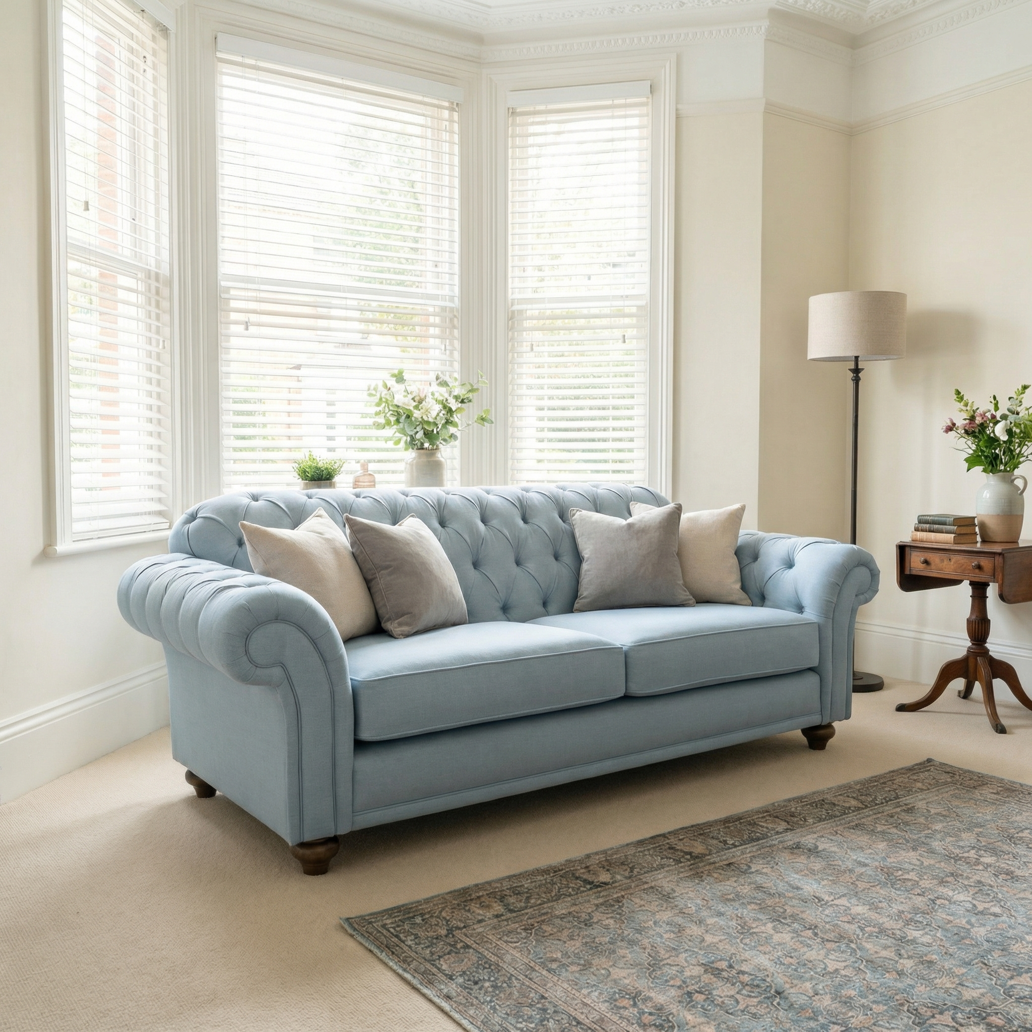 Sky Blue Chesterfield 3 Seat Sofa styled with beige and gray pillows in a bright living room featuring large windows and neutral decor.
