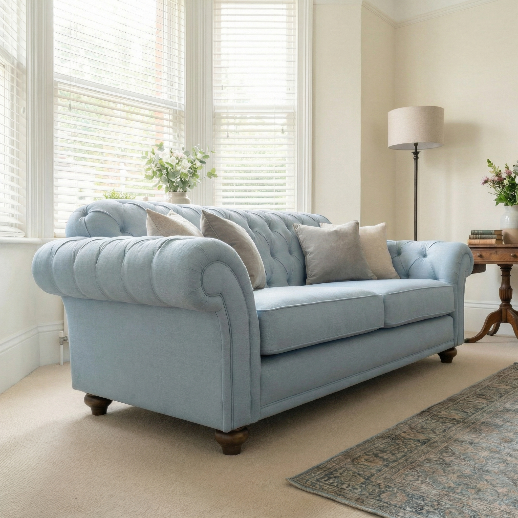 The Chesterfield 3 Seat Sofa in Sky Blue, accented with neutral cushions, is showcased in a bright living room with large windows and a patterned rug.