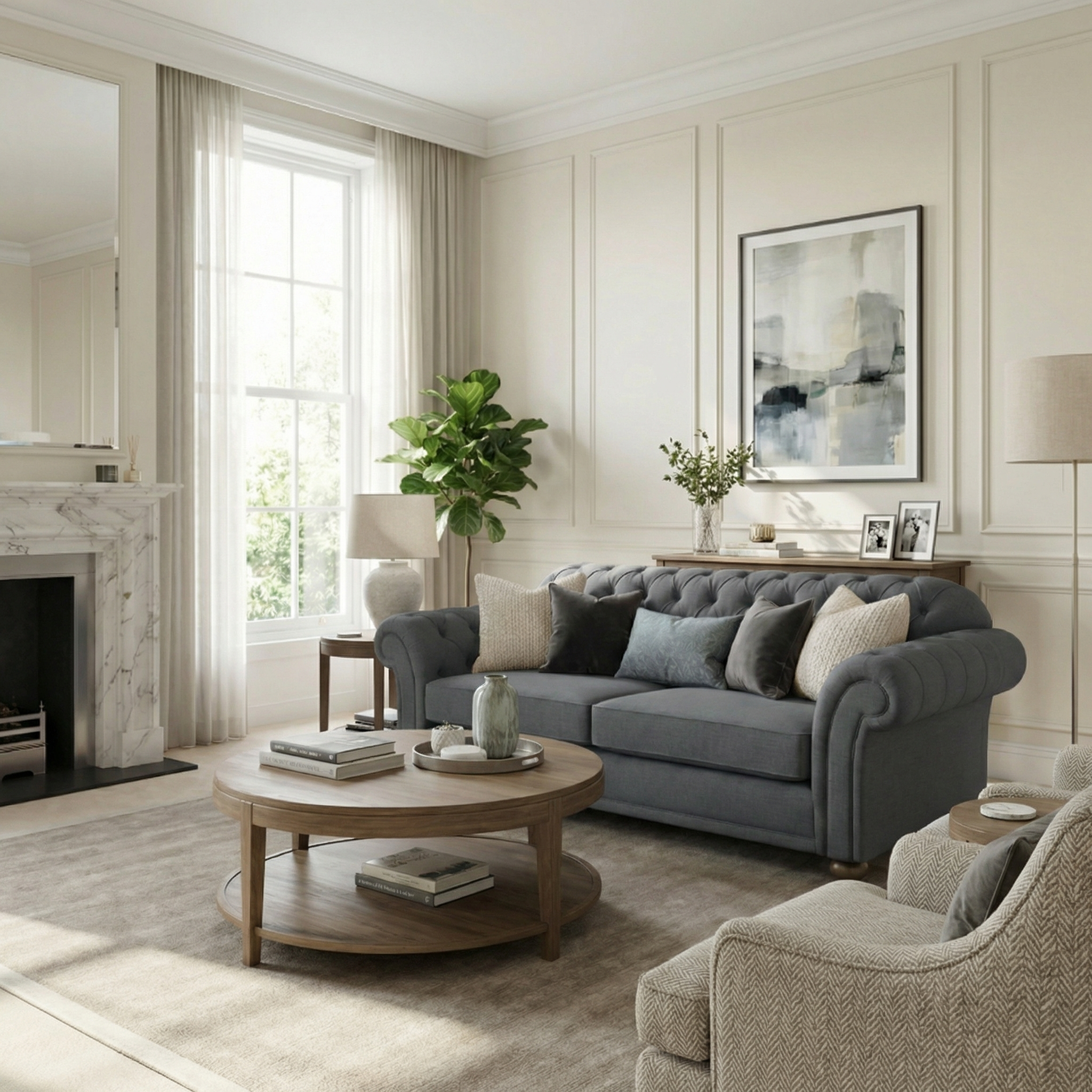 Elegant living room featuring a Chesterfield 3 Seat Sofa in Smoke Grey, a round wooden coffee table, large window, and decorative accents.