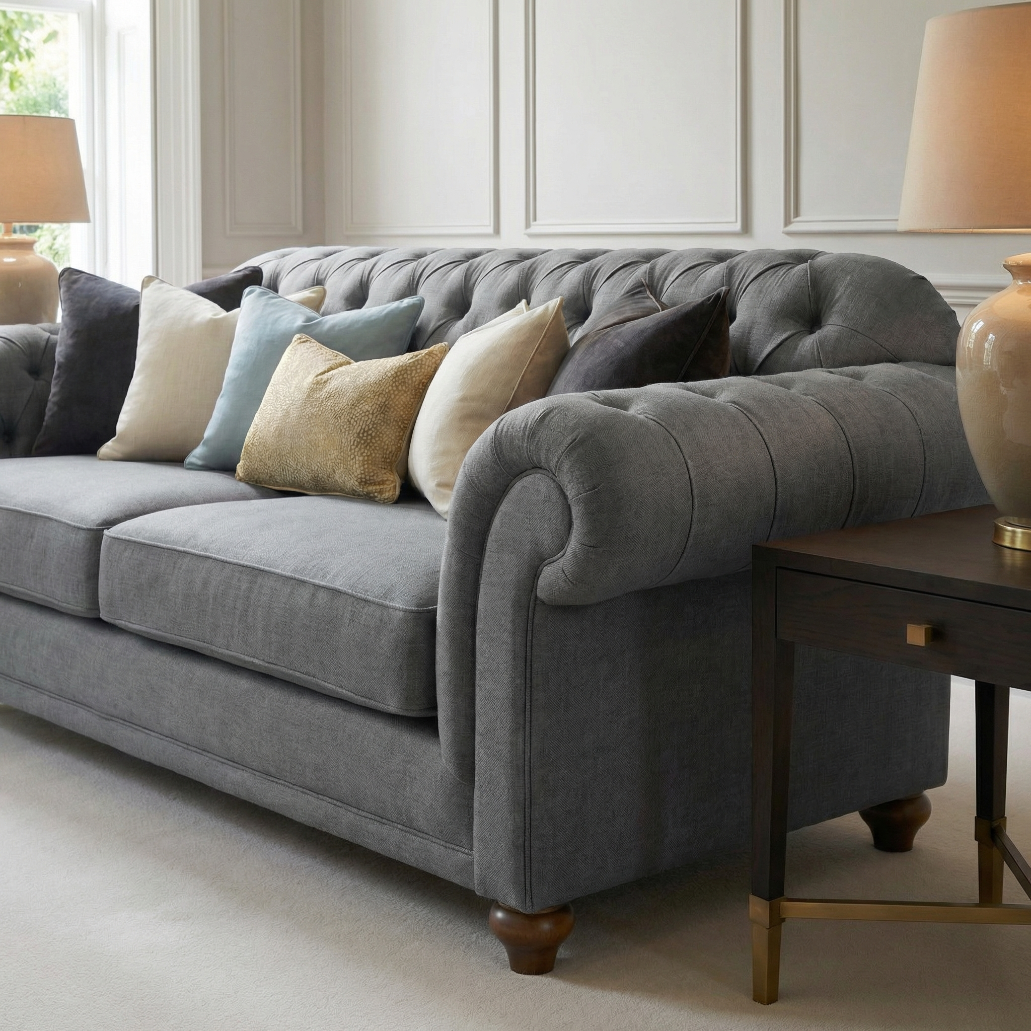 The Chesterfield 3 Seat Sofa in Smoke Grey, styled with assorted throw pillows, sits beside a wooden side table and lamp in a bright living room.