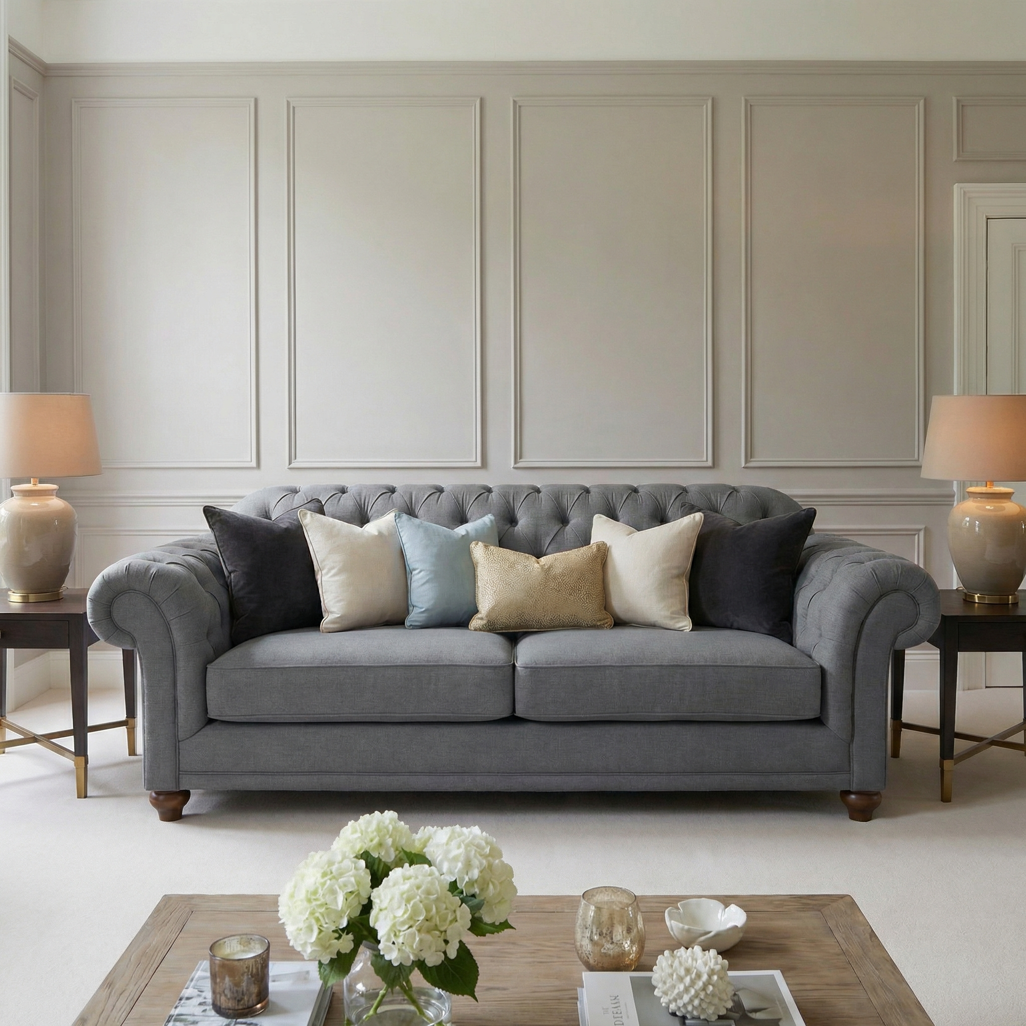 The Chesterfield 3 Seat Sofa in Smoke Grey, paired with assorted pillows and flanked by lamps, serves as the focal point of this elegant neutral living room.
