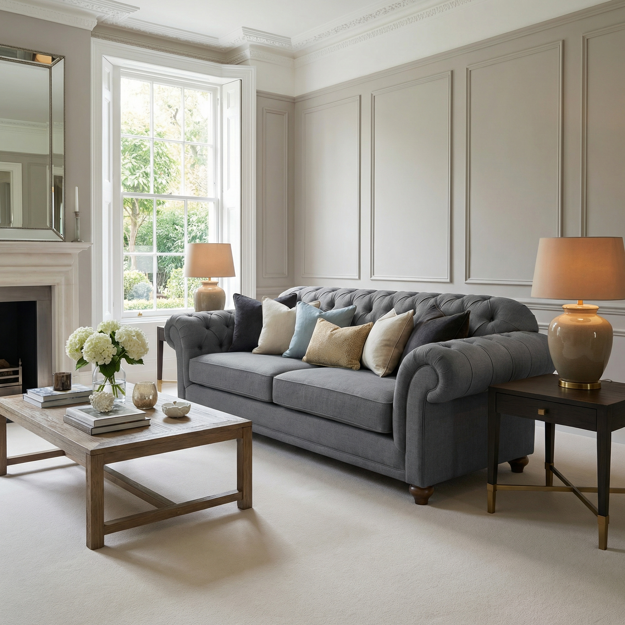 Elegant living room with the Chesterfield 3 Seat Sofa in Smoke Grey, beige walls, a large window, and table lamps providing warm lighting.