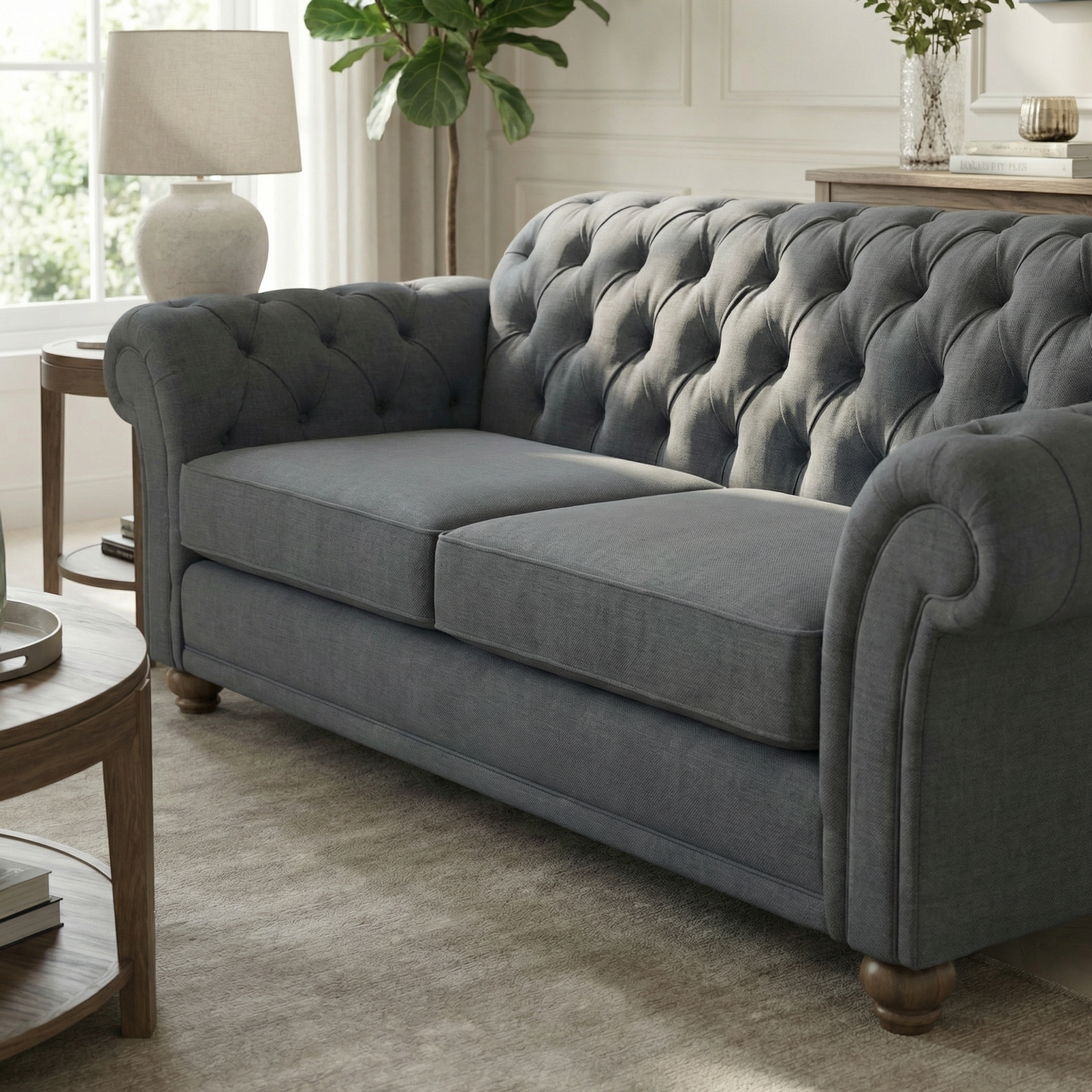 A Chesterfield 3 Seat Sofa in Smoke Grey is placed in a bright living room featuring a lamp, a plant, and wooden furniture.