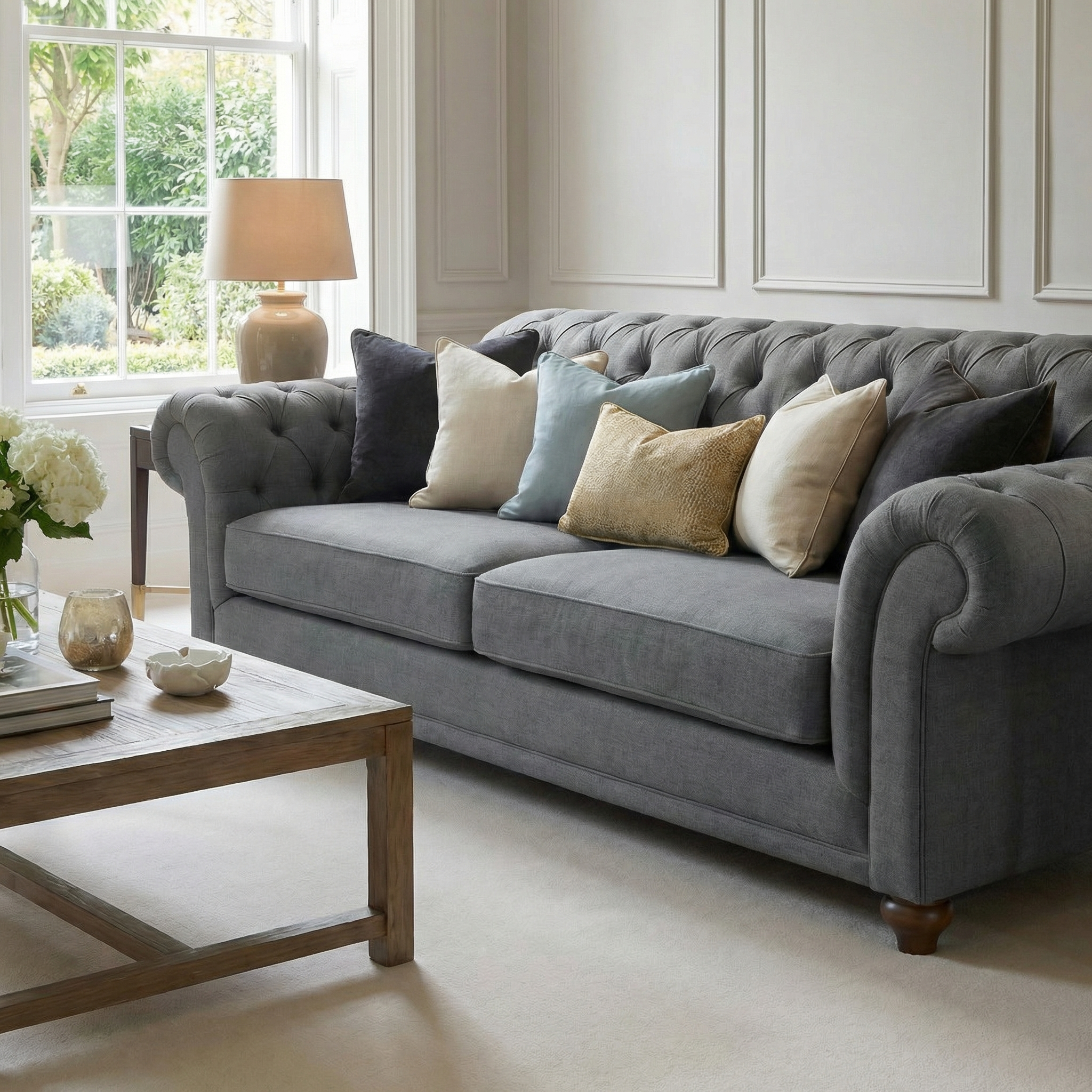 The Chesterfield 3 Seat Sofa in Smoke Grey is adorned with assorted throw pillows in a bright, elegant living room styled with a wooden coffee table and large window.