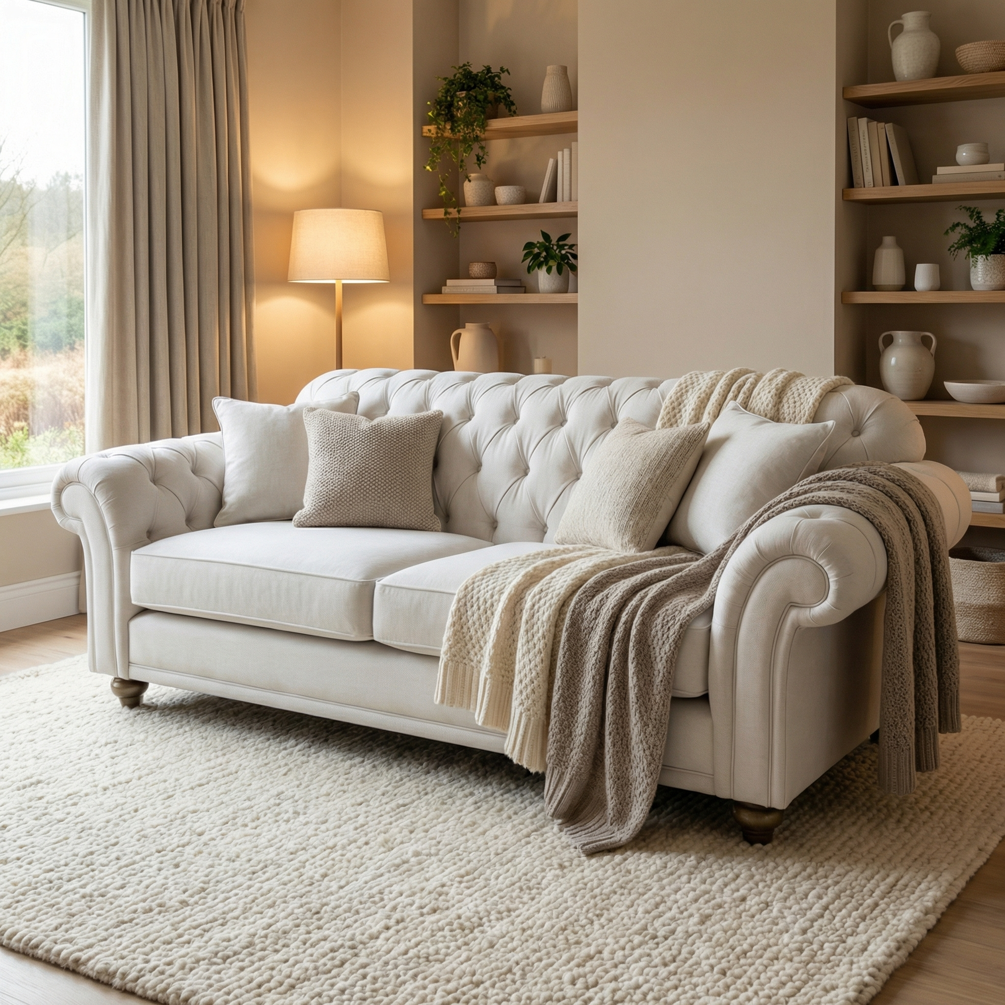 Elegant living room featuring the Chesterfield 3 Seat Sofa in Warm Grey, paired with neutral pillows, cozy throws, a soft rug, and shelves adorned with hand-finished decor accents.