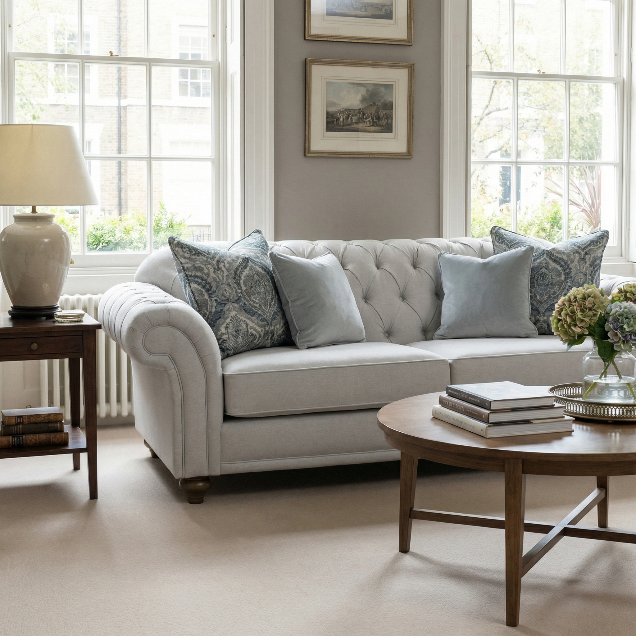 Chesterfield 3 Seat Sofa in Warm Grey with hand-finished details and blue pillows in a bright living room, paired with a wooden table, side table, and large windows behind.