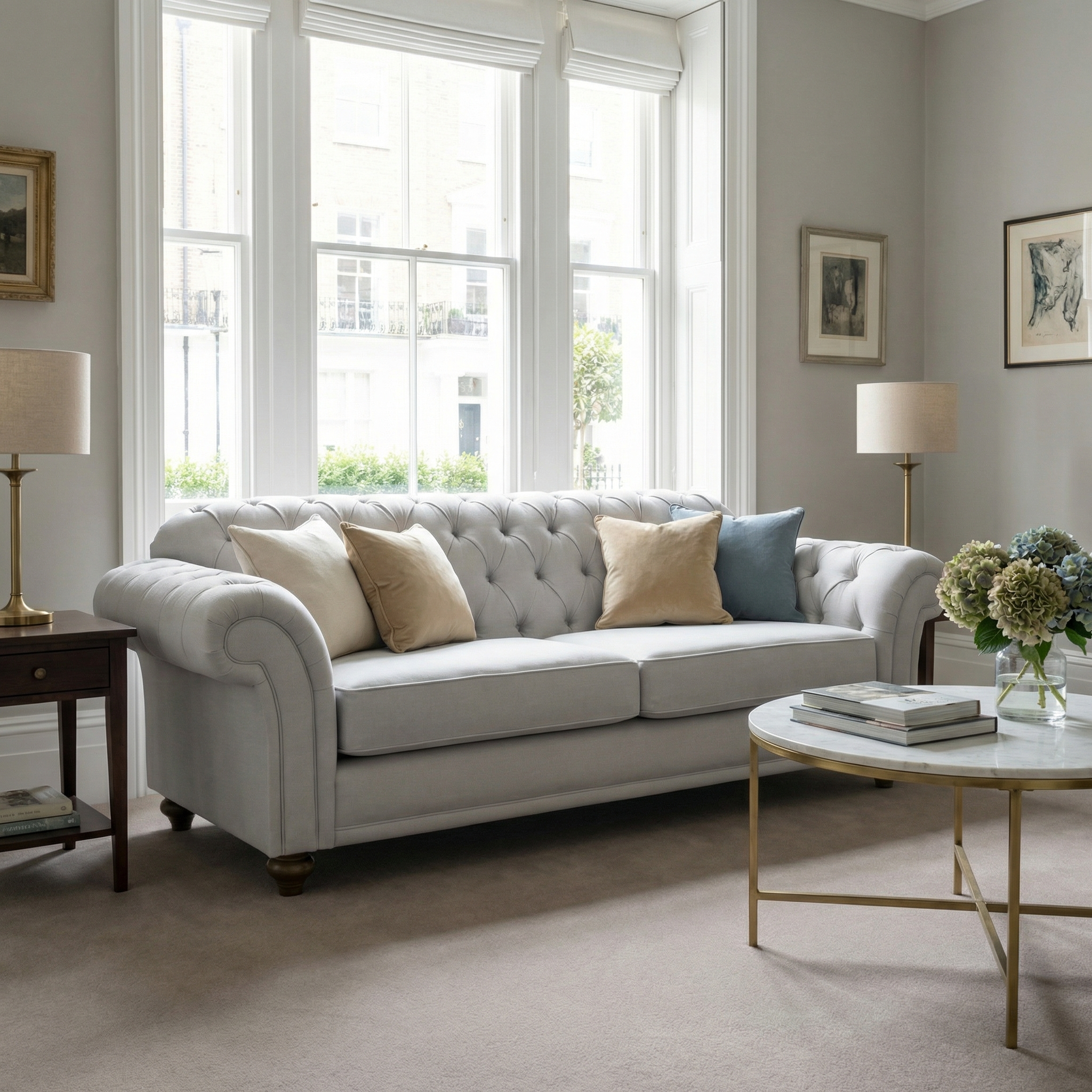 A Chesterfield 3 Seat Sofa in Warm Grey sits before large windows, featuring beige and blue pillows and elegant hand-finished details.