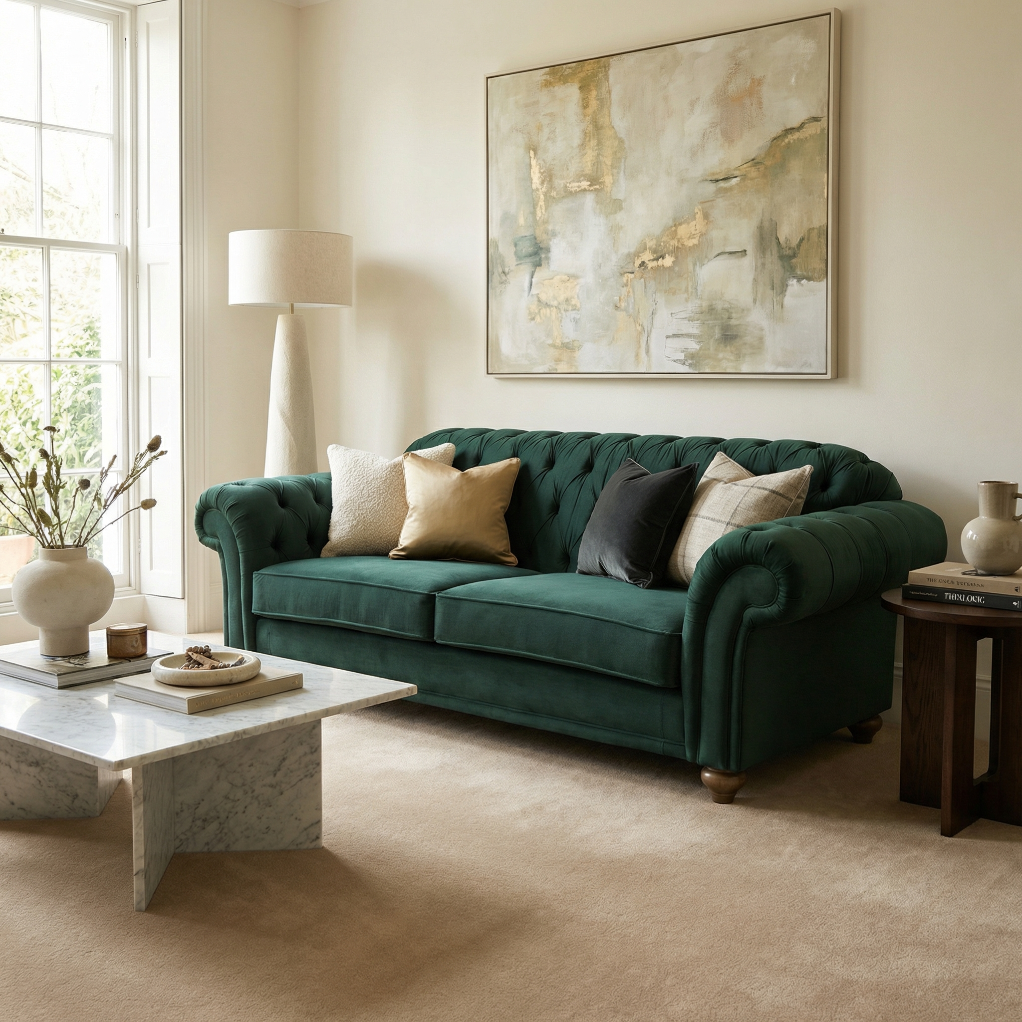 The Chesterfield 3 Seat Velvet Sofa in Bottle Green, featuring hand-finished upholstery and cushions, sits in a bright living room accented by abstract art and modern decor.