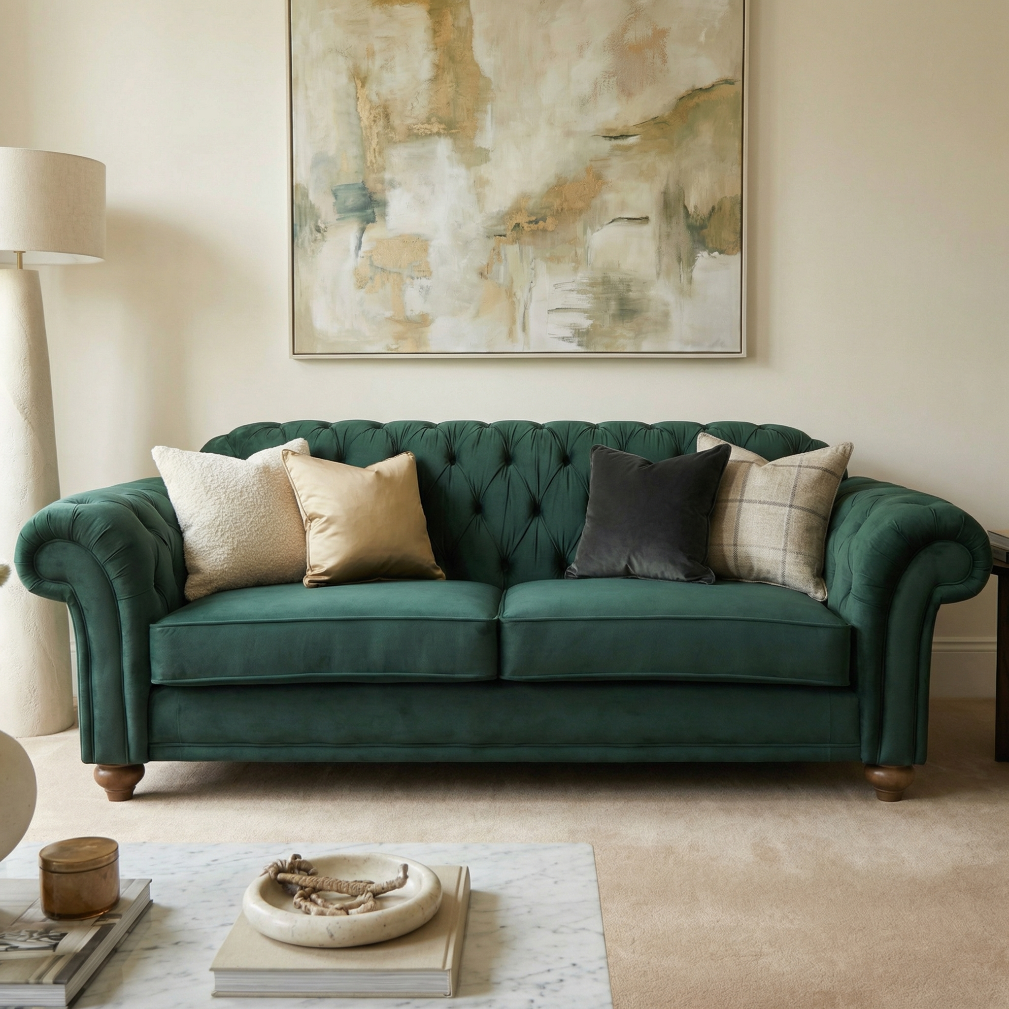 The Chesterfield 3 Seat Velvet Sofa in Bottle Green, paired with plush pillows, abstract wall art, and a marble coffee table, creates a cozy living room.