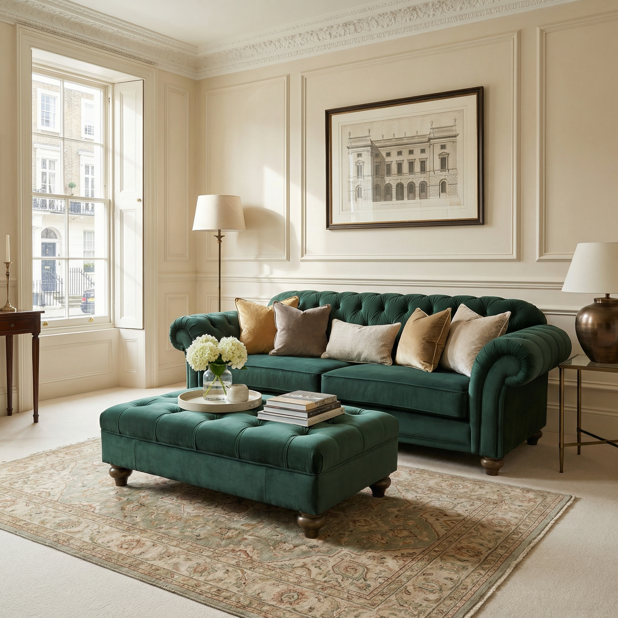Chesterfield 3 Seat Velvet Sofa in Bottle Green with hand-finished upholstery and ottoman, accented by decorative pillows in a bright room with a large window.