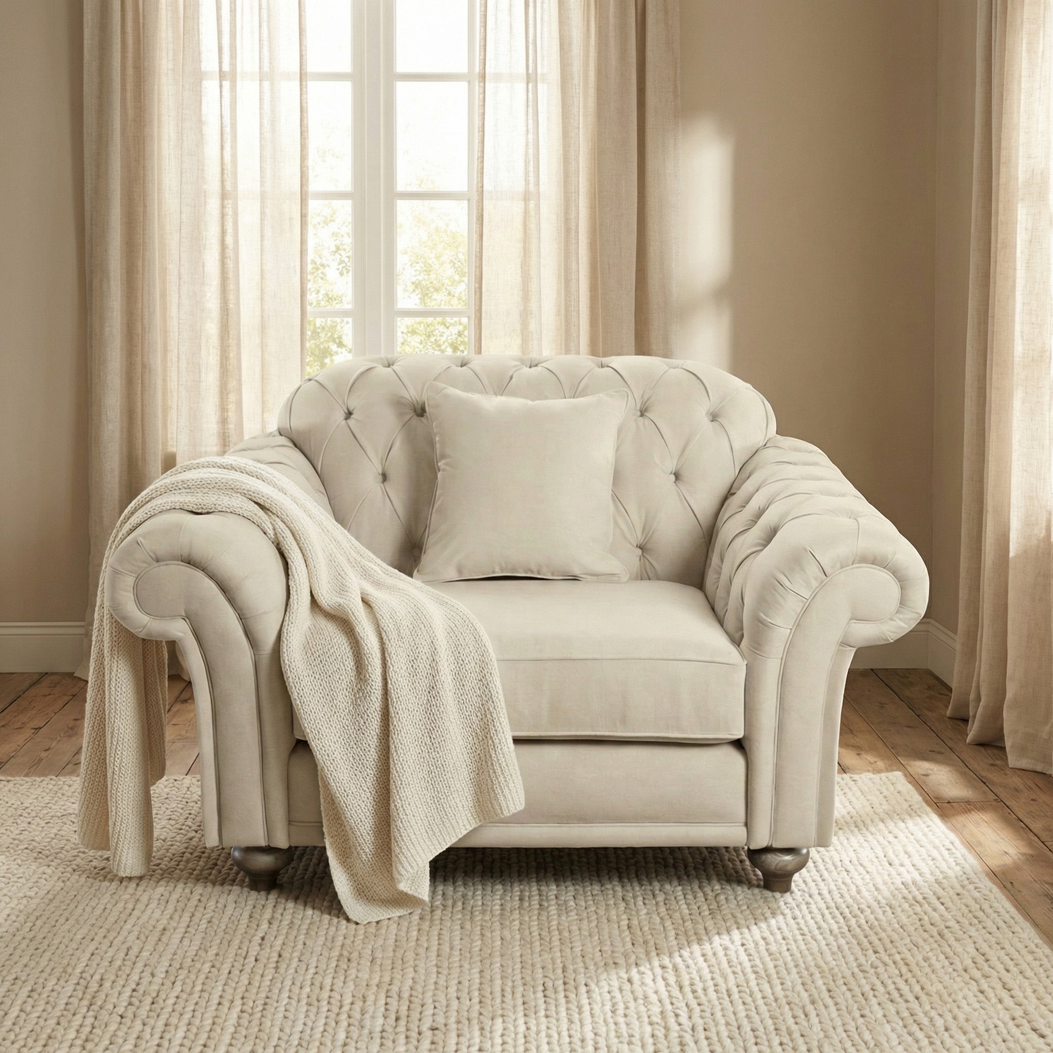 A beige tufted armchair with a pillow and knitted throw sits on a rug beside the Chesterfield Loveseat in Beige, both placed in a sunlit room with sheer curtains.