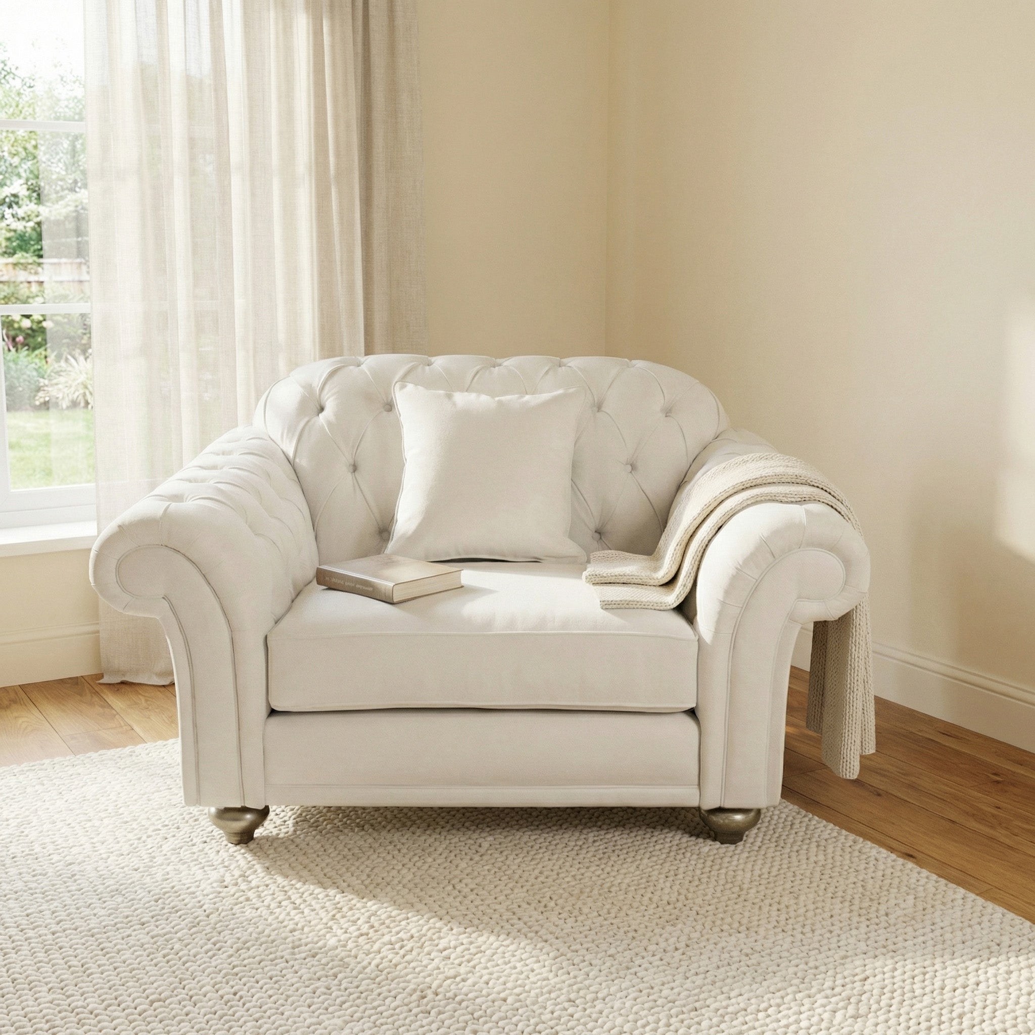 Cream-colored tufted armchair with pillow, blanket, and book in a bright room—perfectly paired with the Chesterfield Loveseat in Ivory for timeless comfort and style.