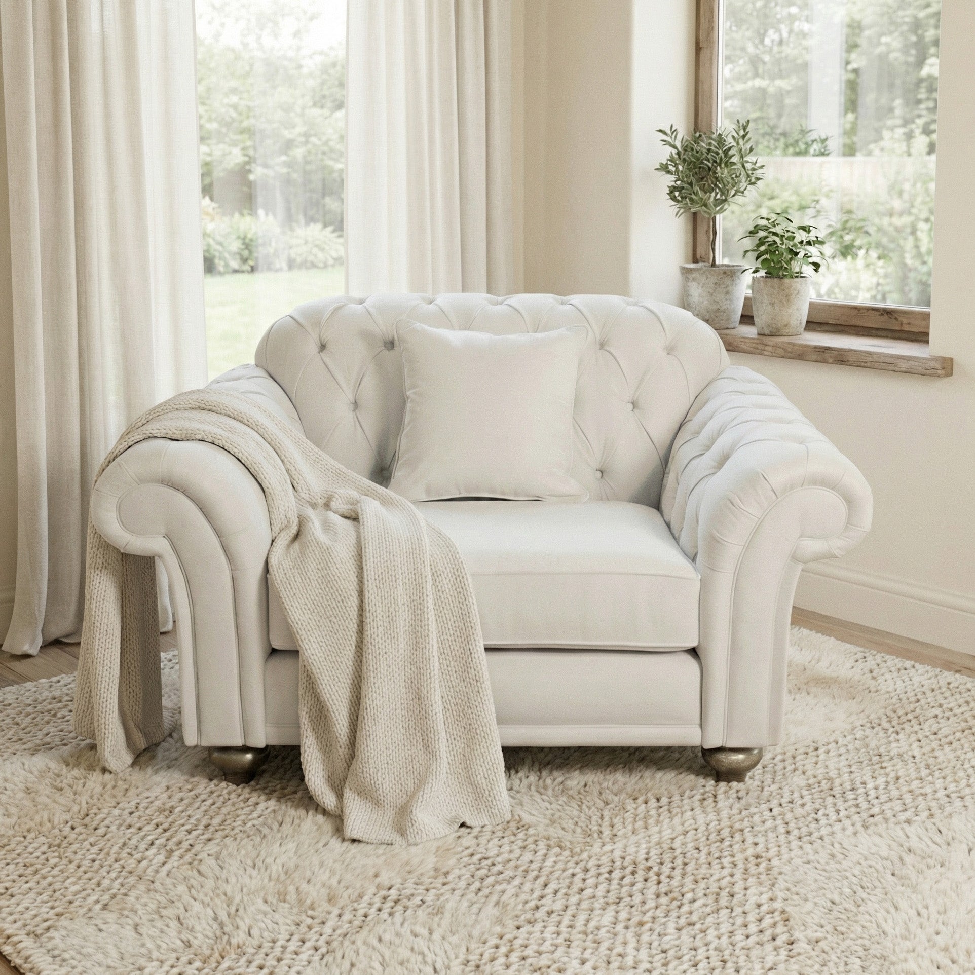 The Chesterfield Loveseat in Ivory, set with a blanket and cushion on a plush rug by curtains and potted plants, radiates timeless English charm.