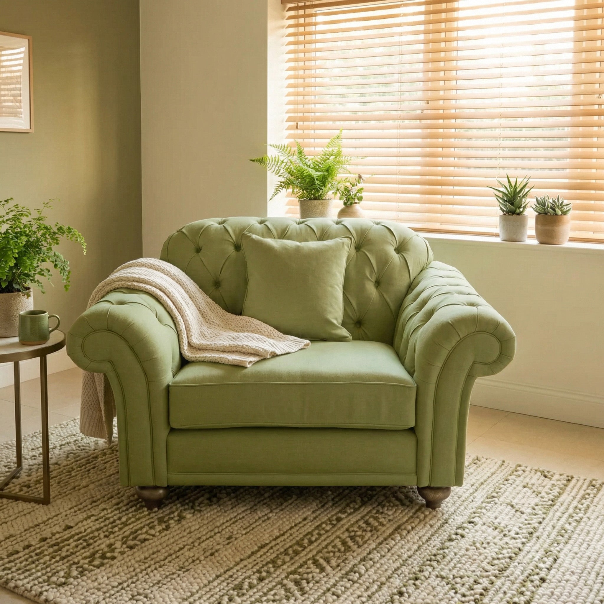 A Chesterfield Loveseat in Olive with a cushion and blanket sits on a rug near a window with blinds and potted plants.