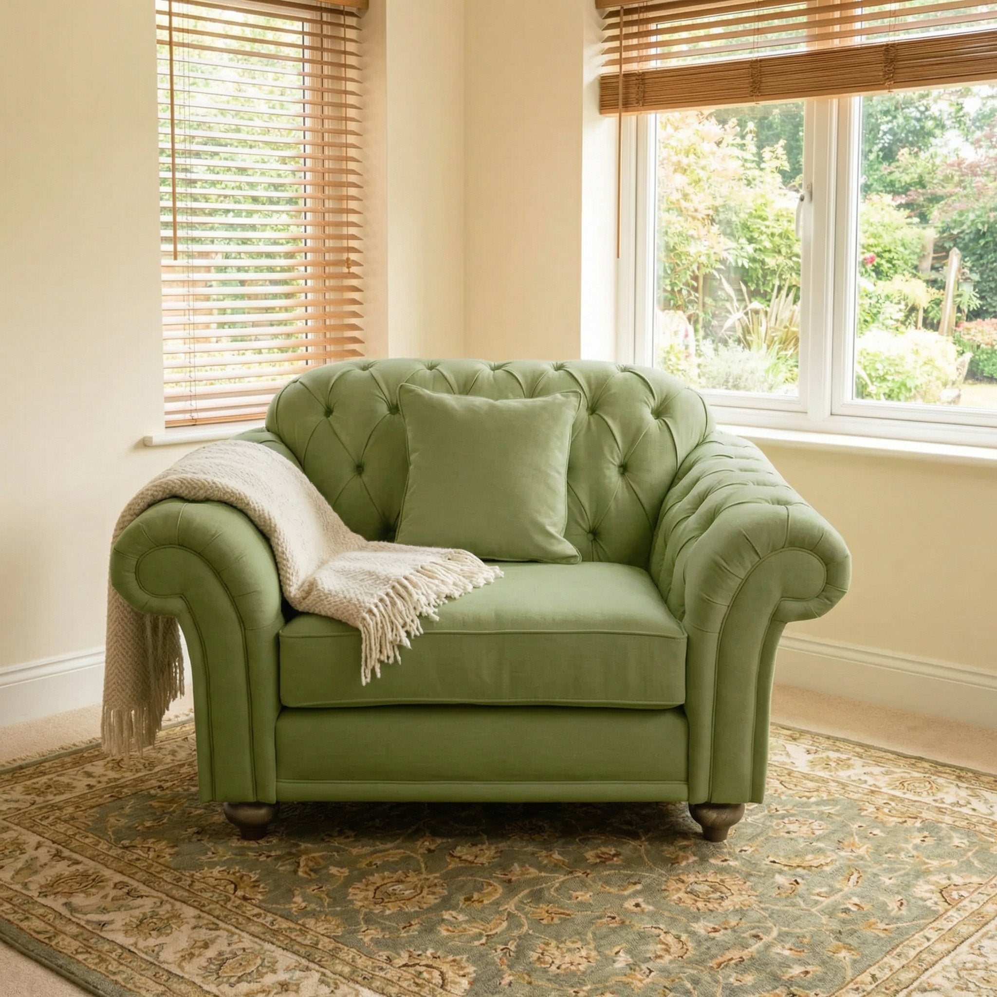 Chesterfield Loveseat in Olive with a cushion and beige throw, set on a patterned rug near windows with wooden blinds.