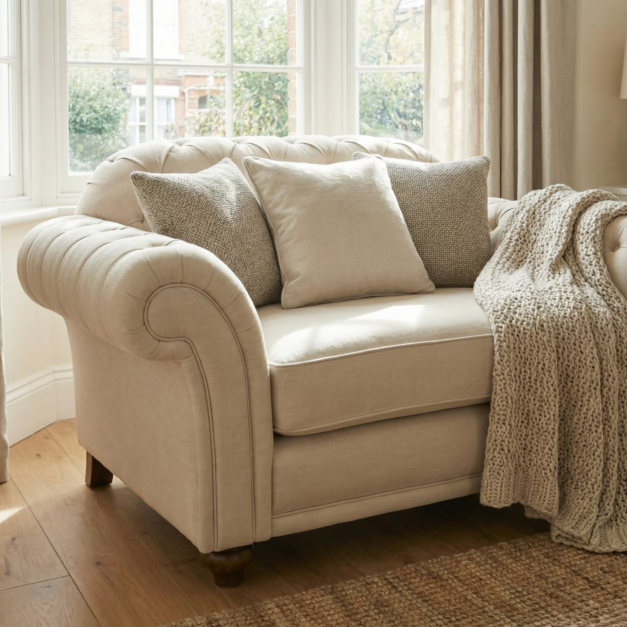 Chesterfield Loveseat in Beige, handmade and cream-colored, styled with pillows and a knitted throw in a bright living room with large windows.