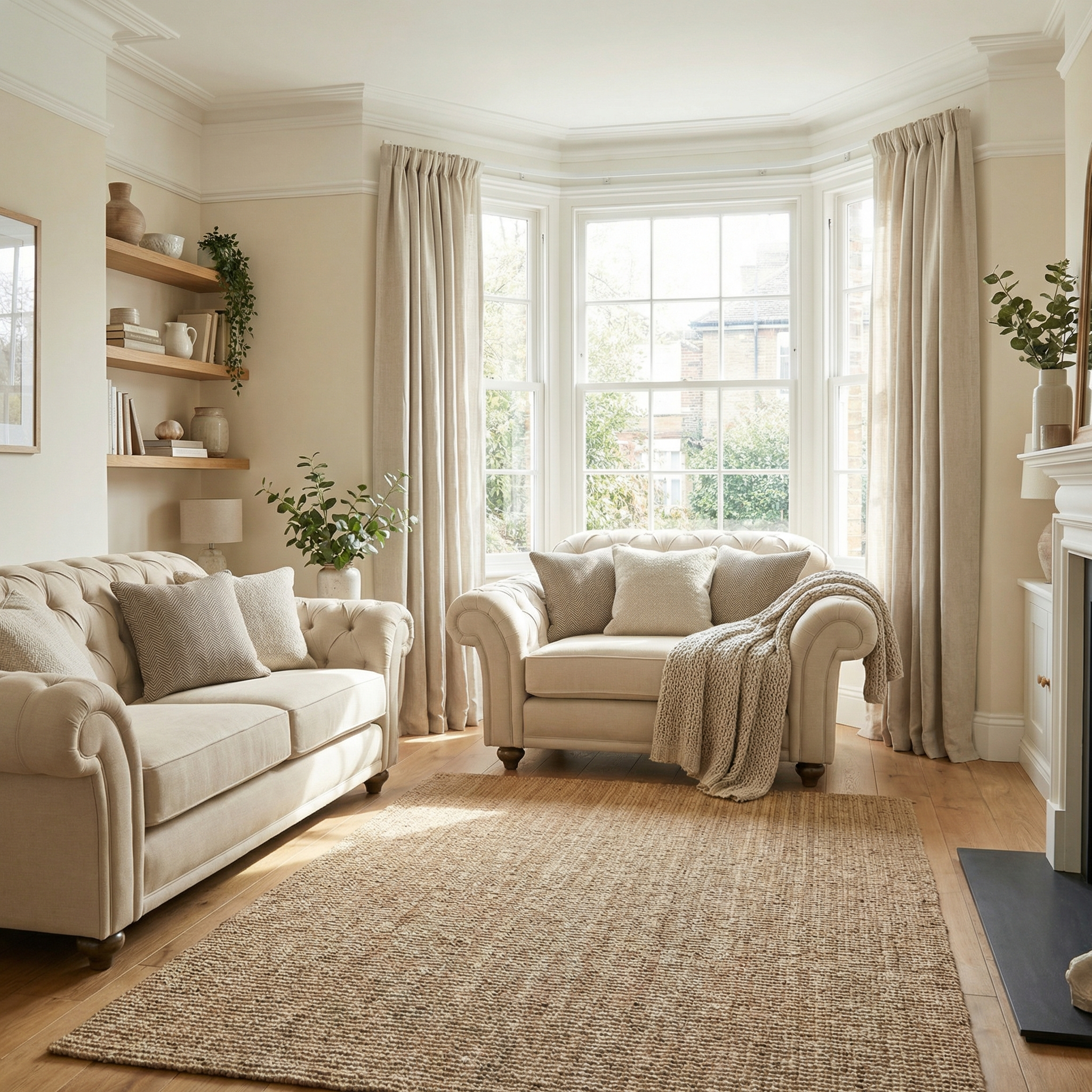 Bright living room with a Chesterfield Loveseat in Beige, matching beige sofas, a textured rug, large windows, and neutral decor.