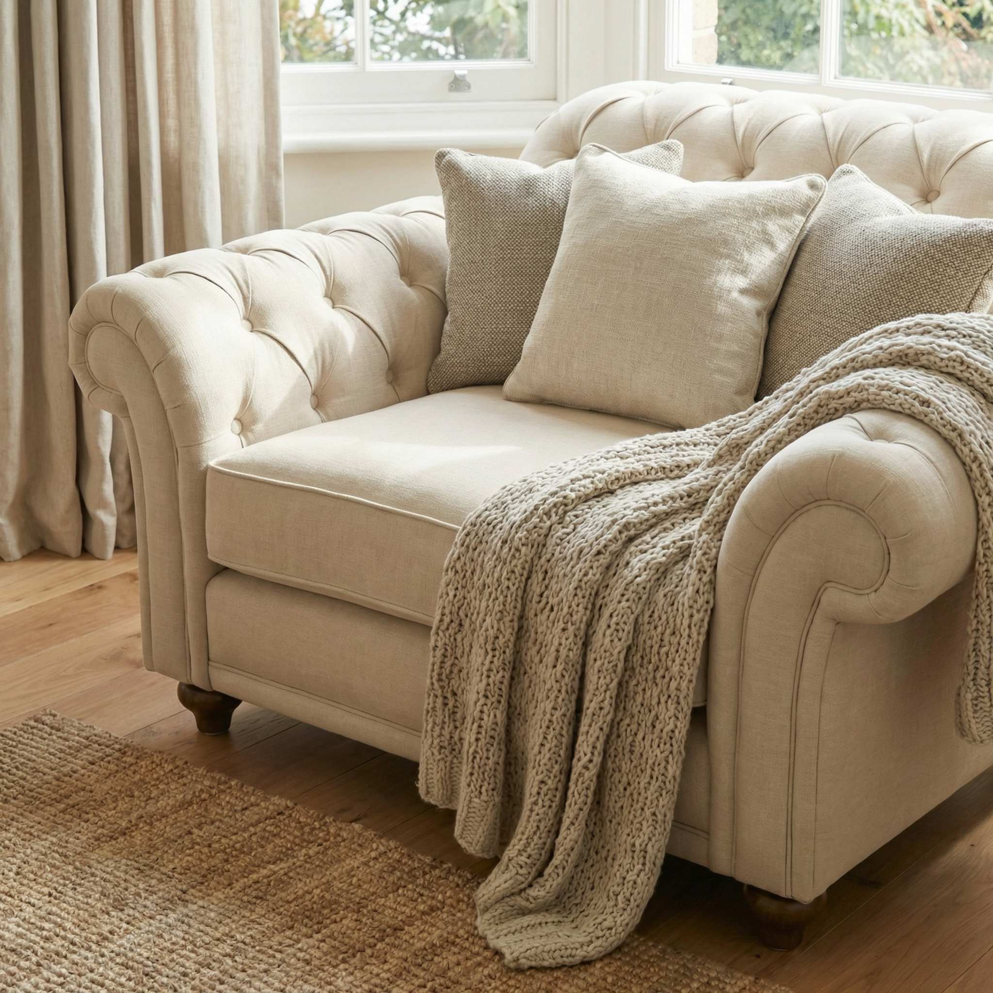 The Chesterfield Loveseat in Beige features tufted upholstery and comes with beige pillows and a knit throw, placed beside a window with curtains.