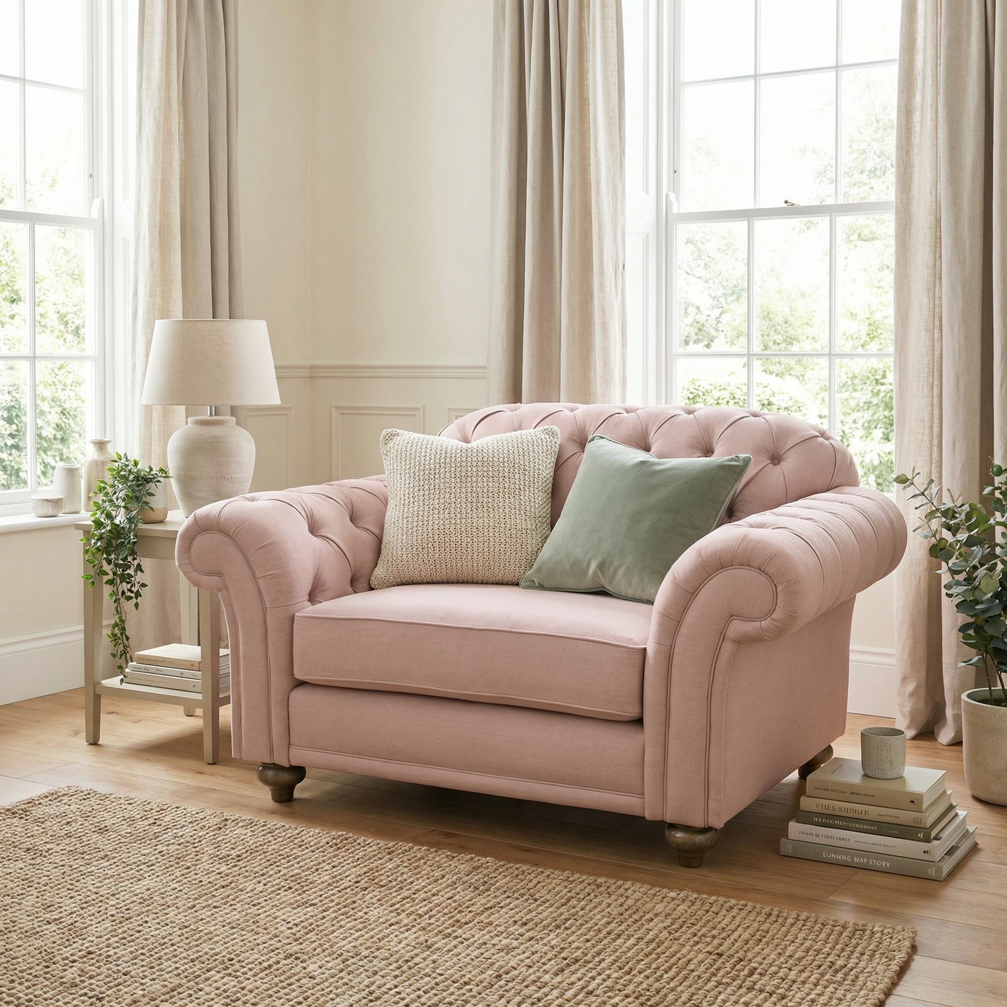 The Chesterfield Loveseat in Dusky Pink, handcrafted in England with two cushions, features in a bright, cozy room filled with large windows, plants, and neutral decor.