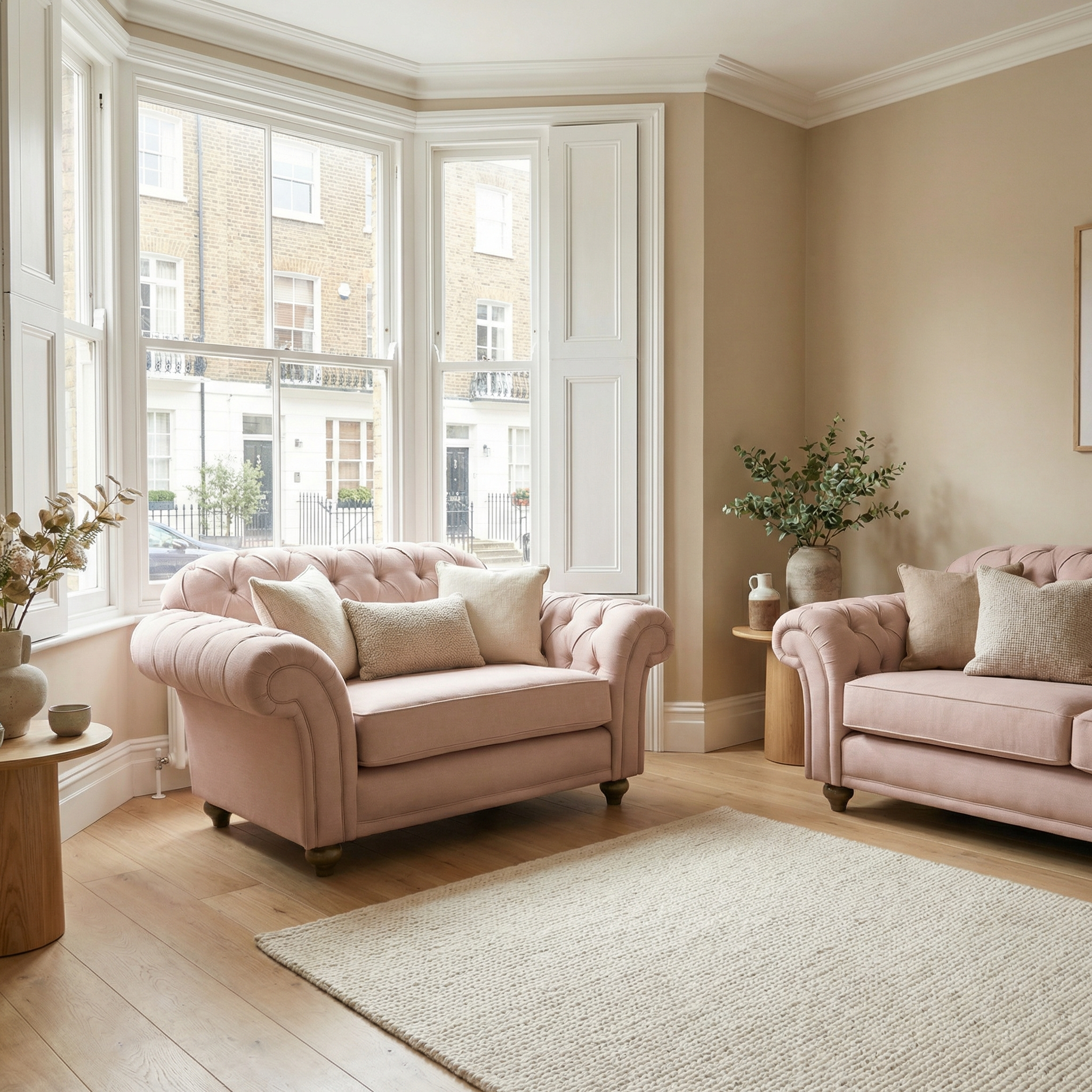 Bright living room with two Chesterfield Loveseats in Dusky Pink, neutral walls, large windows, plants, and a beige rug on wooden floors.