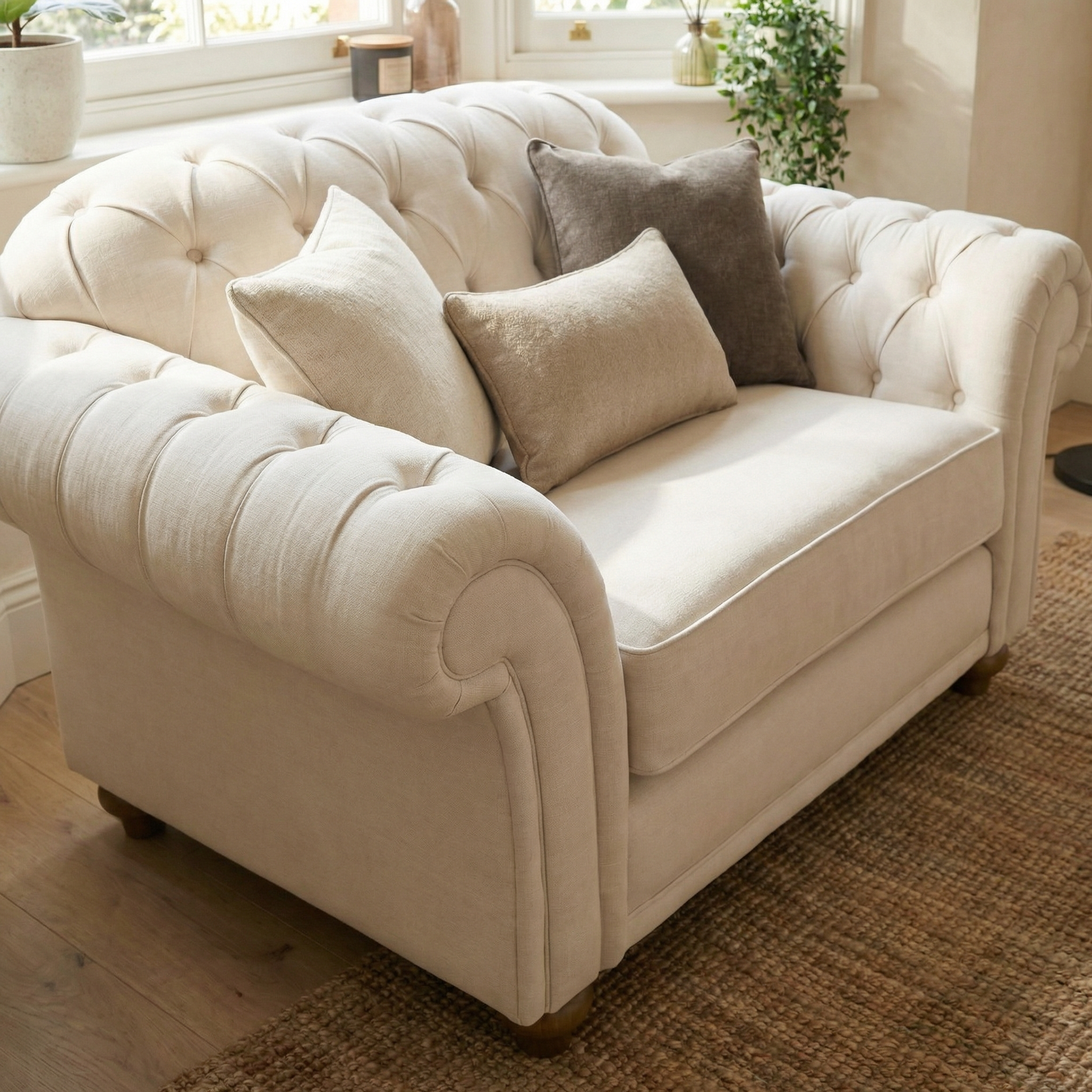 The Chesterfield Loveseat in Ivory, handcrafted in England, comes with three throw pillows and sits beautifully in a cozy, sunlit living room.