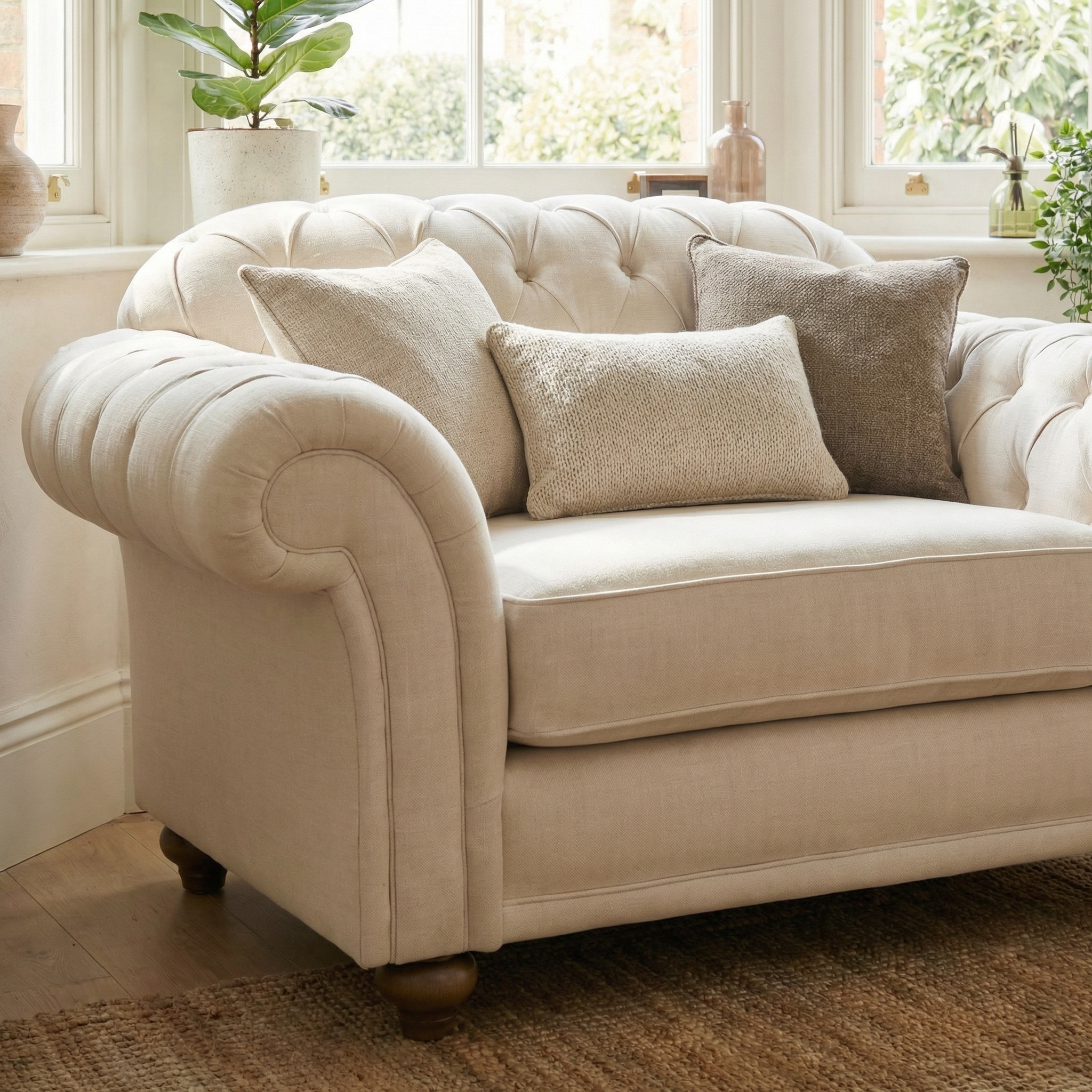 The Chesterfield Loveseat in Ivory features neutral cushions and classic tufting, showcased in a bright, cozy living room with inviting decor, greenery, and handcrafted English design.