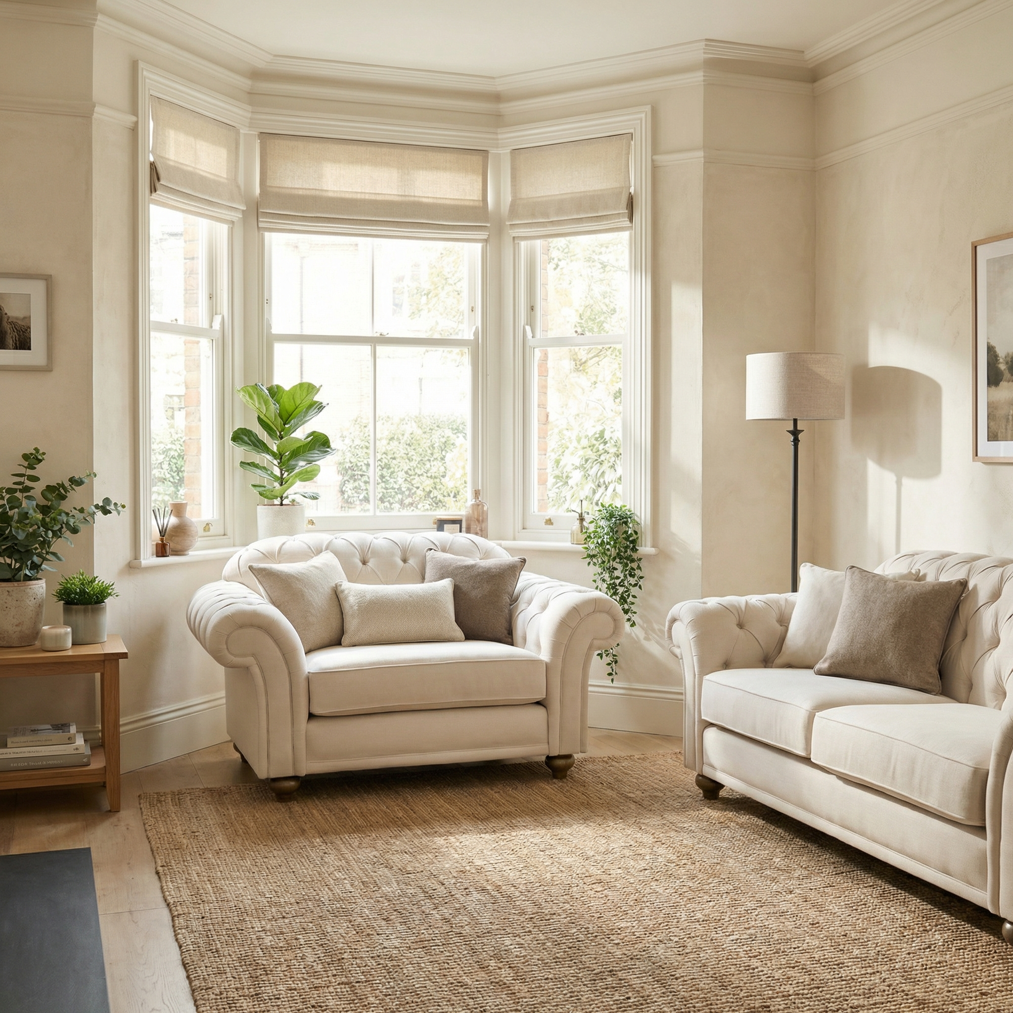 Bright living room with a Chesterfield Loveseat in Ivory, paired with a jute rug, potted plants, and large windows that fill the space with natural light.
