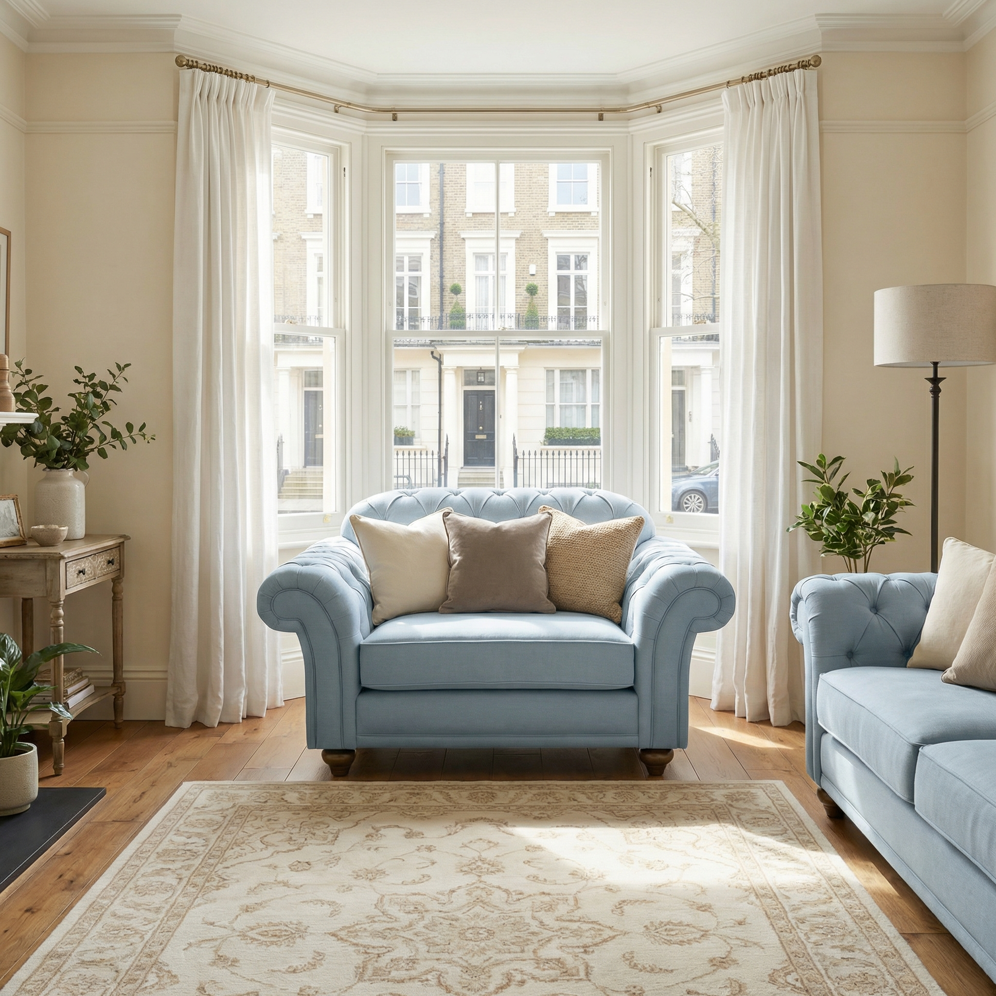 Bright living room featuring a handcrafted Chesterfield Loveseat in Sky Blue, large window with white curtains, plants, and a beige rug on wooden floor.