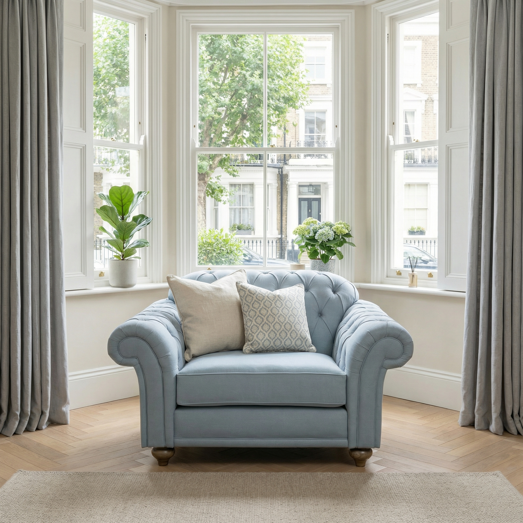 The Chesterfield Loveseat in Sky Blue sits by bay windows, complemented by cushions, gray curtains, and plants in a bright room.