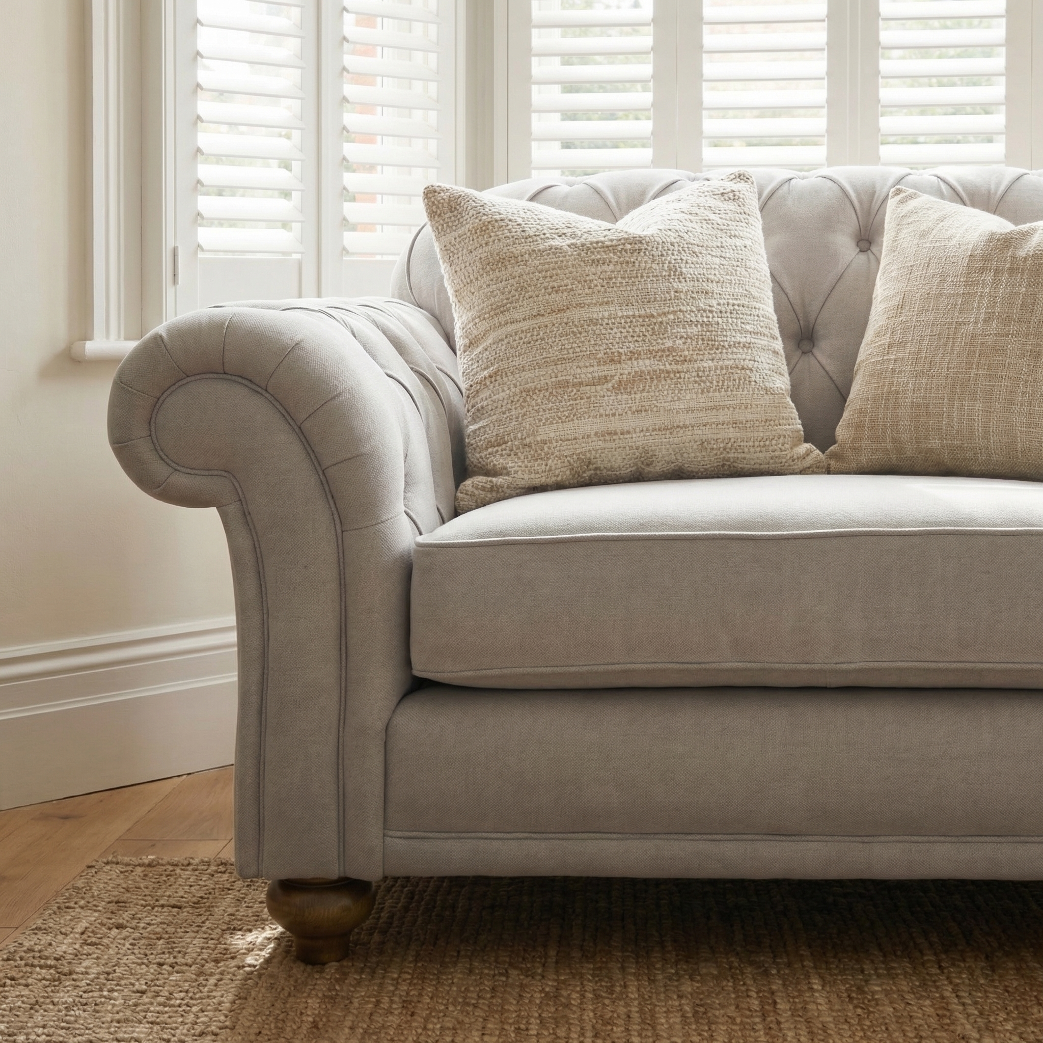 The Chesterfield Loveseat in Warm Grey, accented with two beige textured pillows, sits on a wooden floor before white shuttered windows—ideal for those seeking sustainable furniture with timeless elegance.