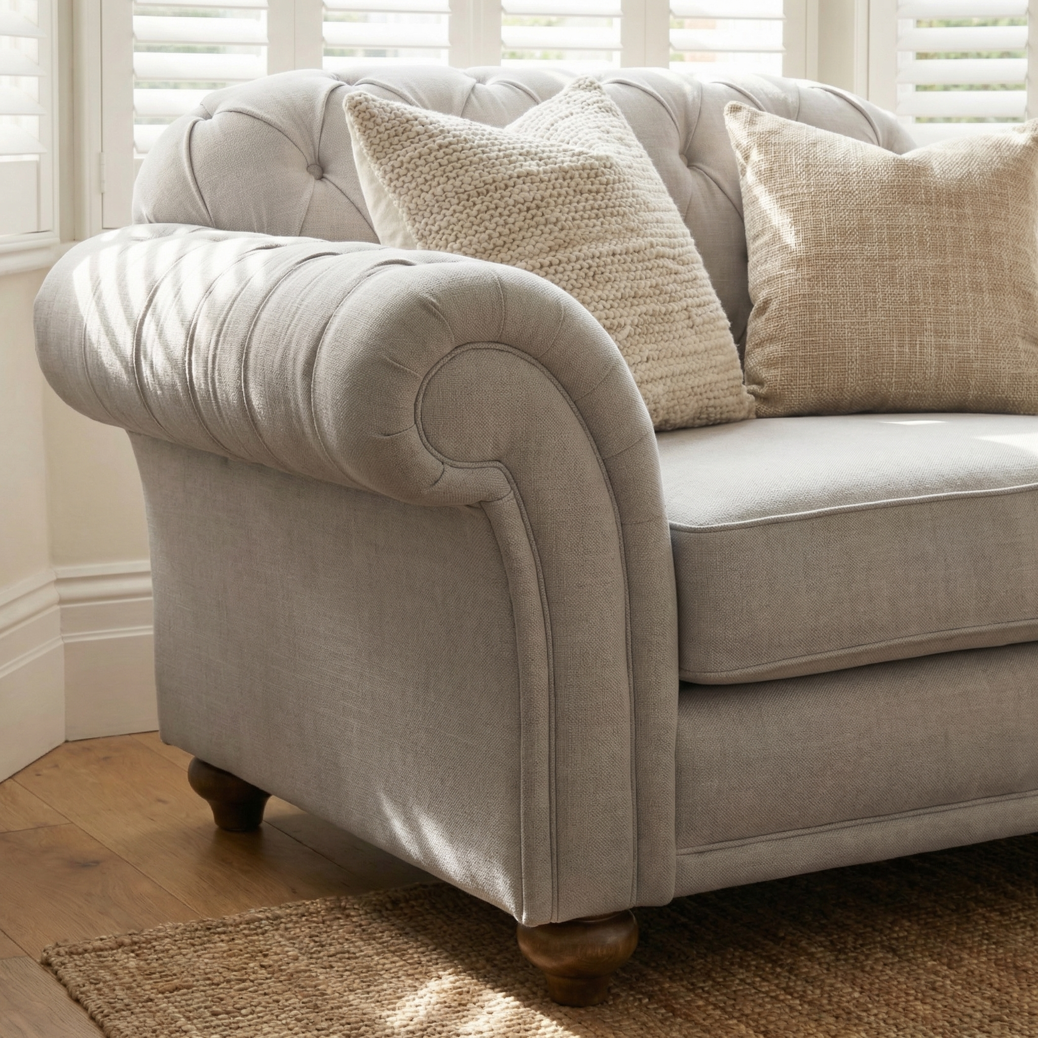 Warm grey Chesterfield Loveseat with rolled arms and beige textured pillows, set on a woven rug near a window with white shutters.