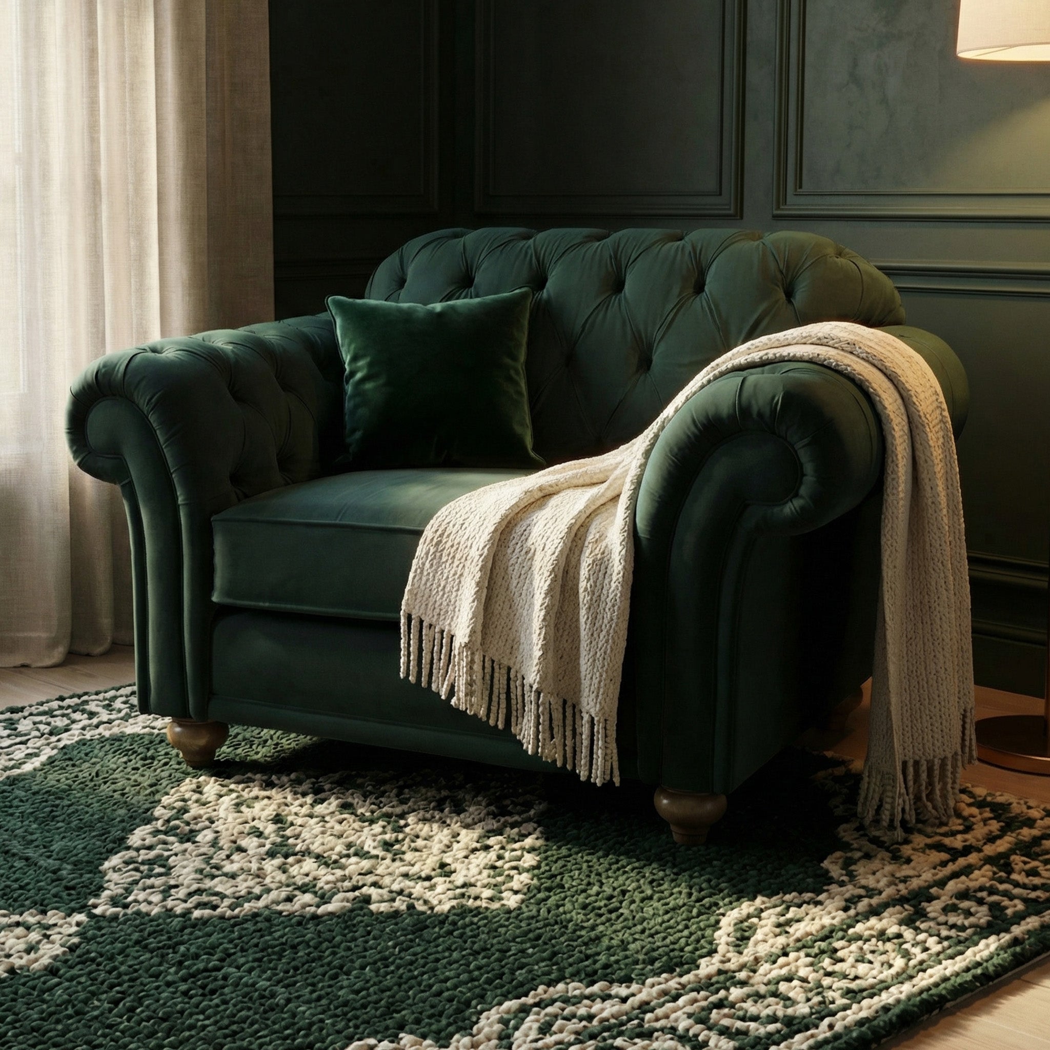 A Chesterfield Velvet Loveseat in Bottle Green comes with a pillow and cream knit throw, placed on a green and white patterned rug.