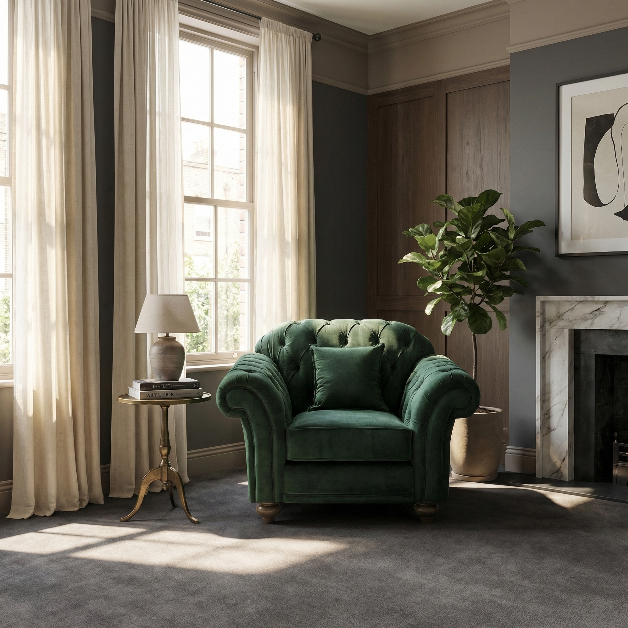 The Chesterfield Velvet Armchair in Bottle Green is placed by a window in a stylish living room featuring neutral walls and modern decor.