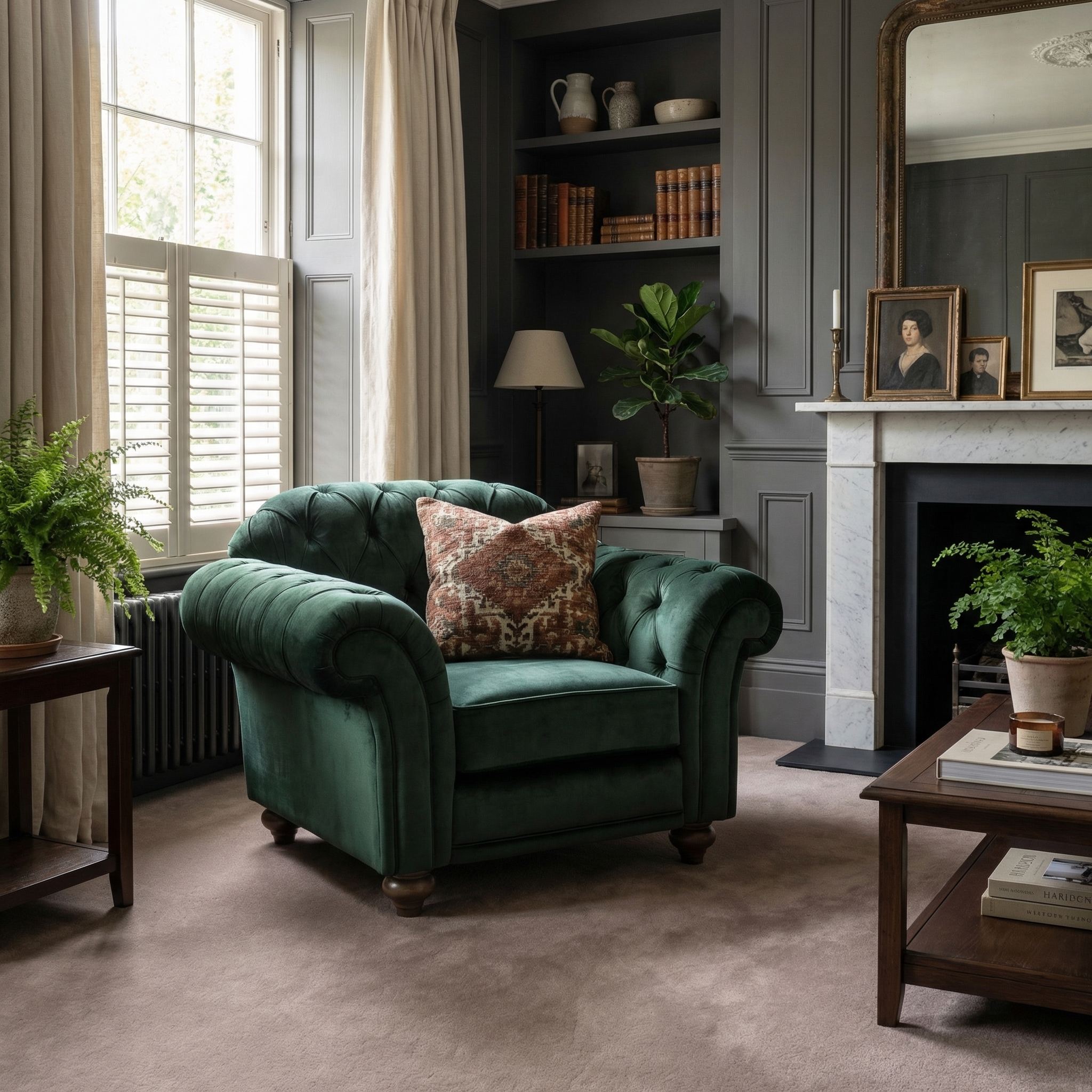 A cozy living room featuring the Chesterfield Velvet Armchair in Bottle Green, houseplants, bookshelves, and a fireplace invites you to unwind in style.