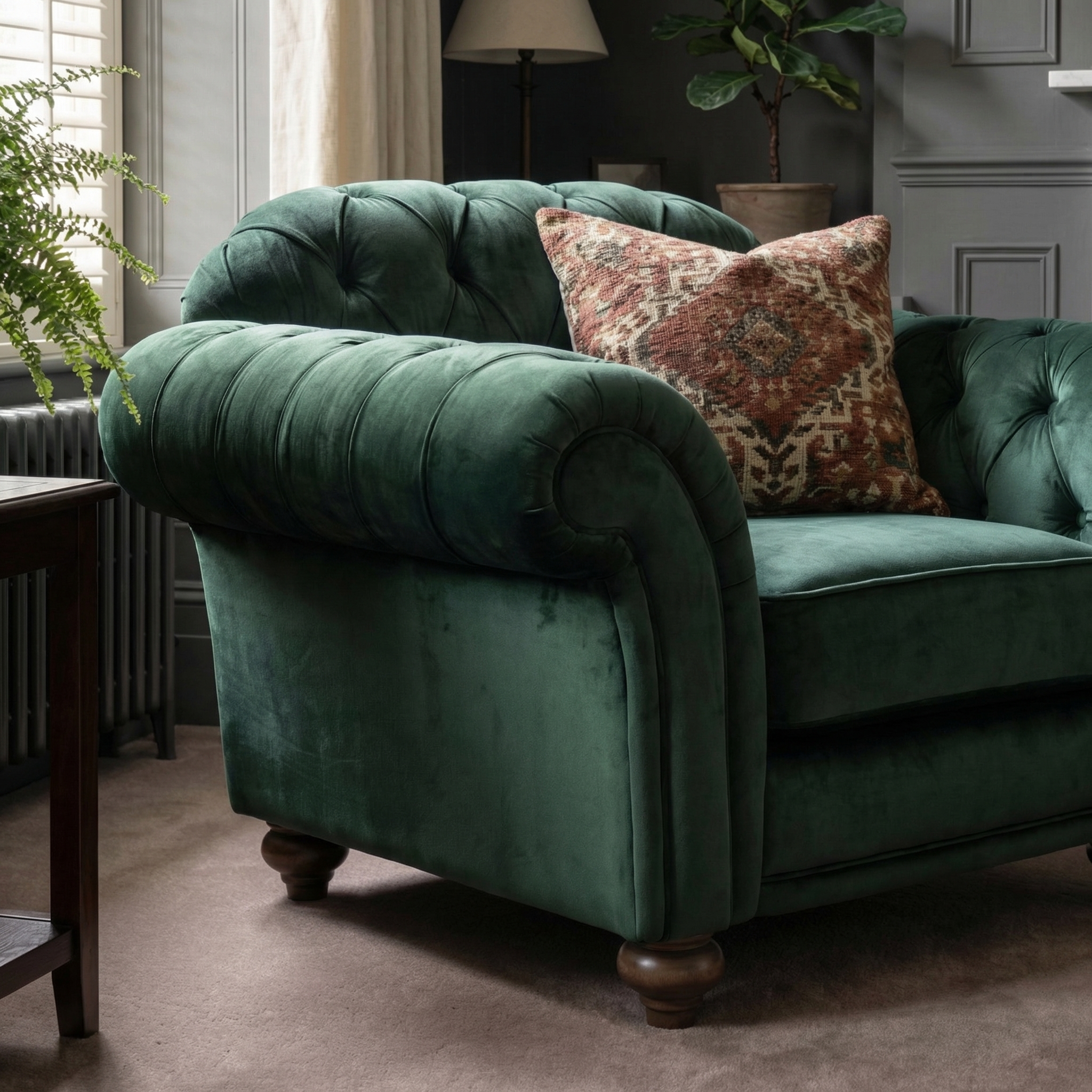 The Chesterfield Velvet Armchair in Bottle Green, with elegant wooden legs and a patterned cushion, adds charm to a cozy, sunlit living room.
