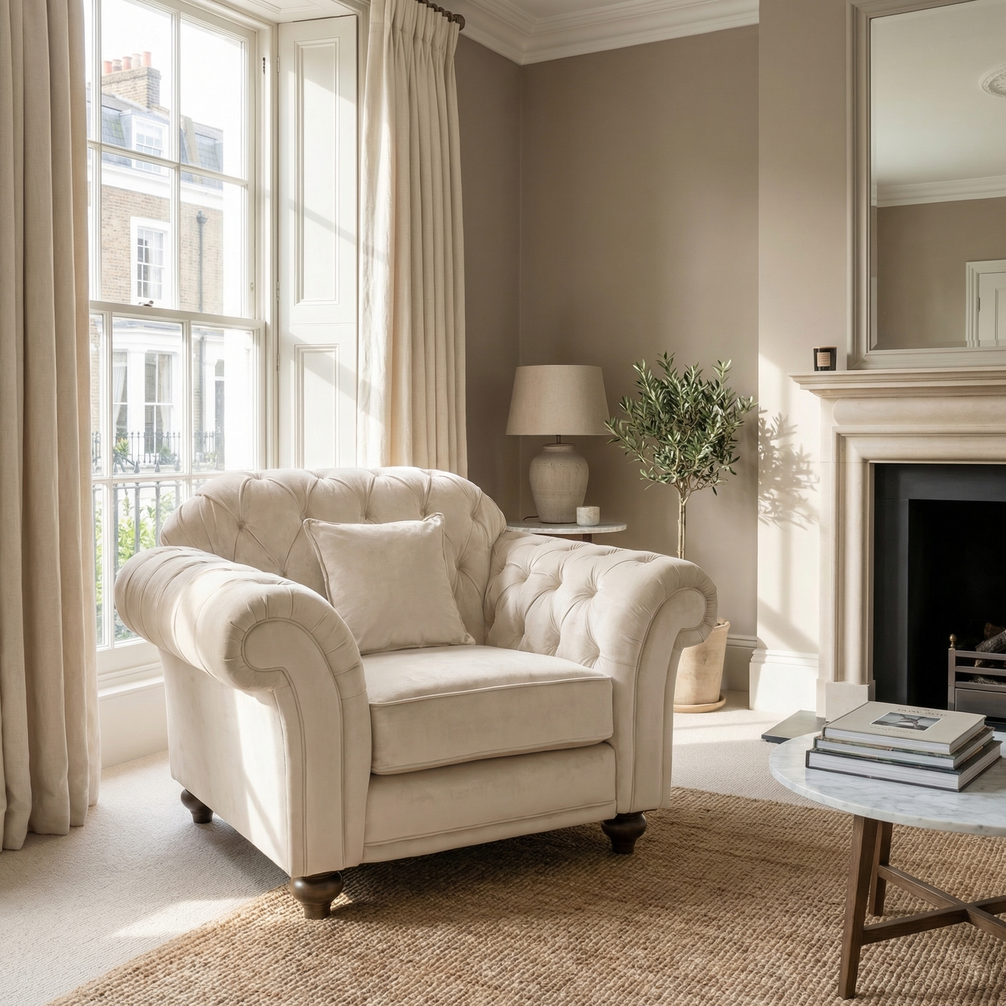 The Chesterfield Velvet Armchair in Cream sits by a window in a bright, elegant living room with neutral decor and natural light—ideal for those who value sustainable furniture.