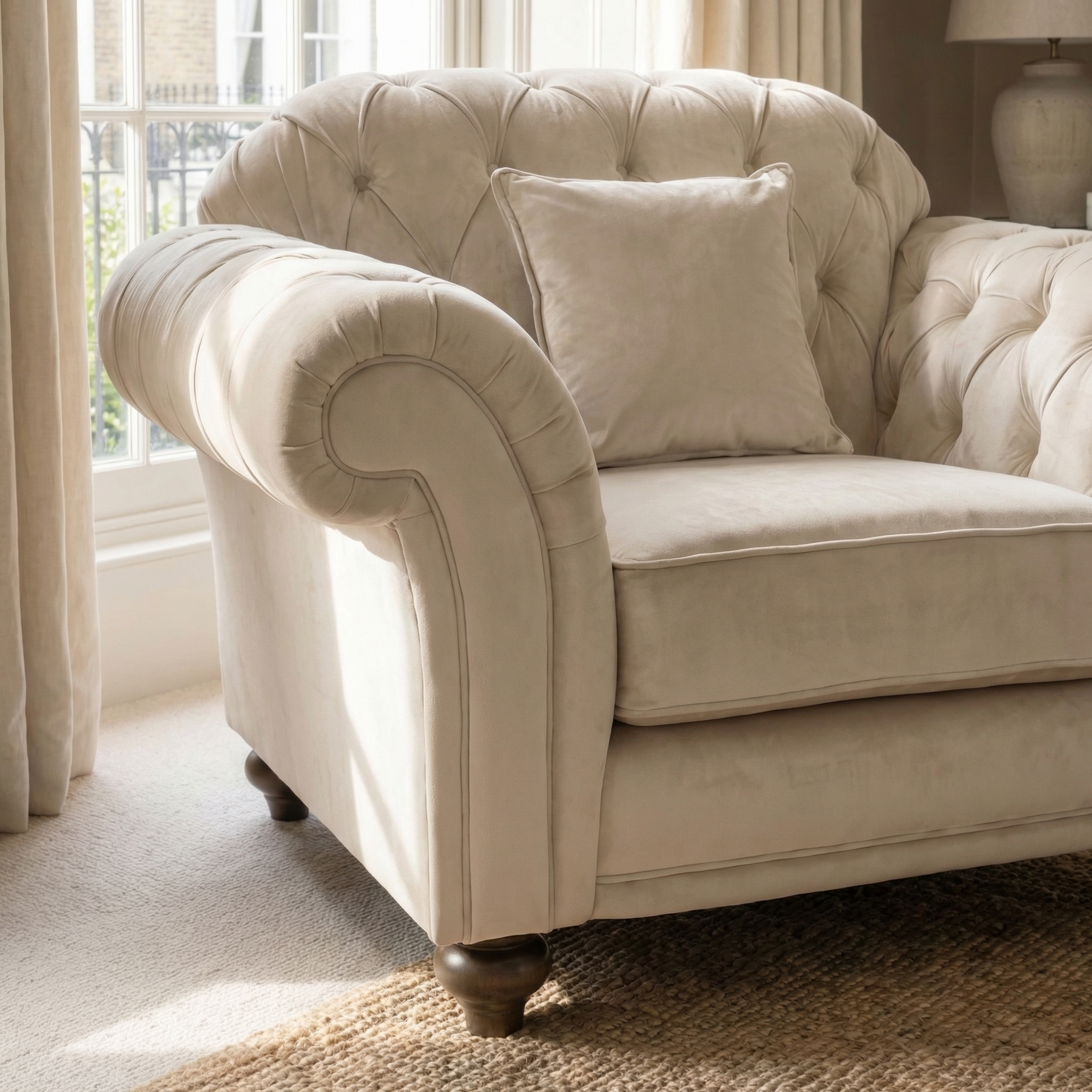 The Chesterfield Velvet Armchair in Cream, paired with a matching cushion, brightens up any cozy living room with sustainable style—perfect for relaxing as sunlight streams in.