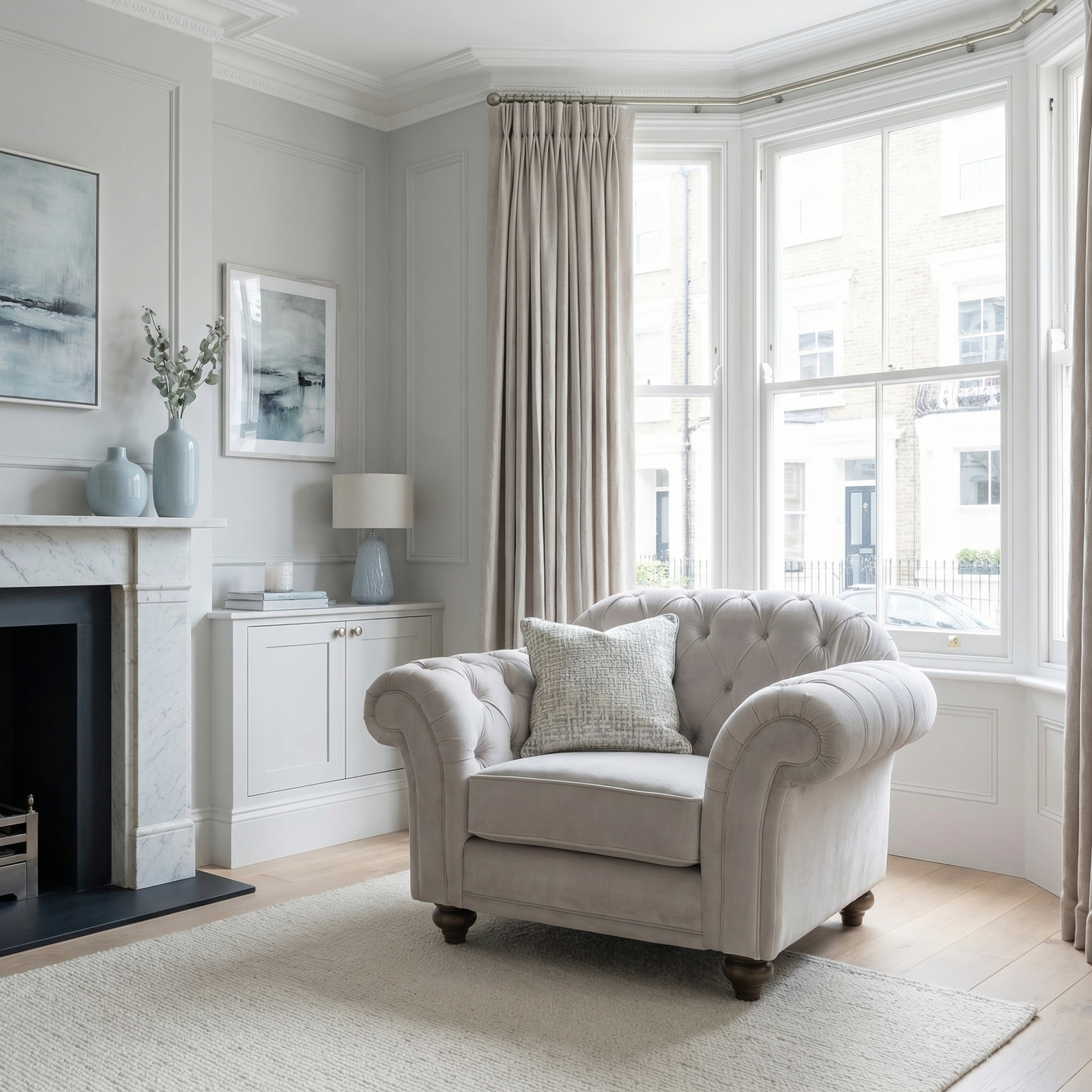 Bright living room featuring a Chesterfield Velvet Armchair in Feather Grey, light decor, fireplace, and big windows with beige curtains.