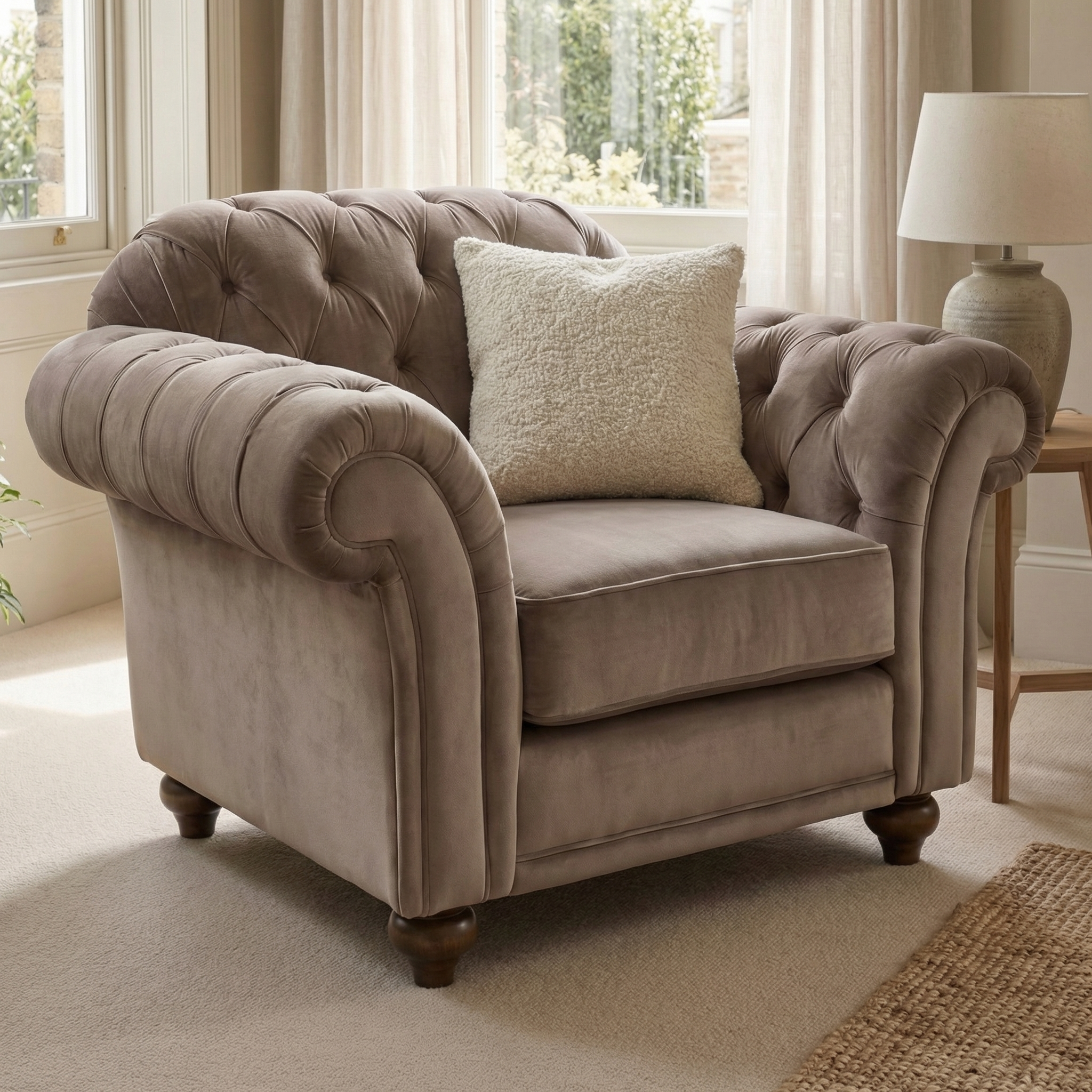 A large Chesterfield Velvet Armchair in Mink, topped with a textured cream pillow, sits elegantly in a sunlit living room.
