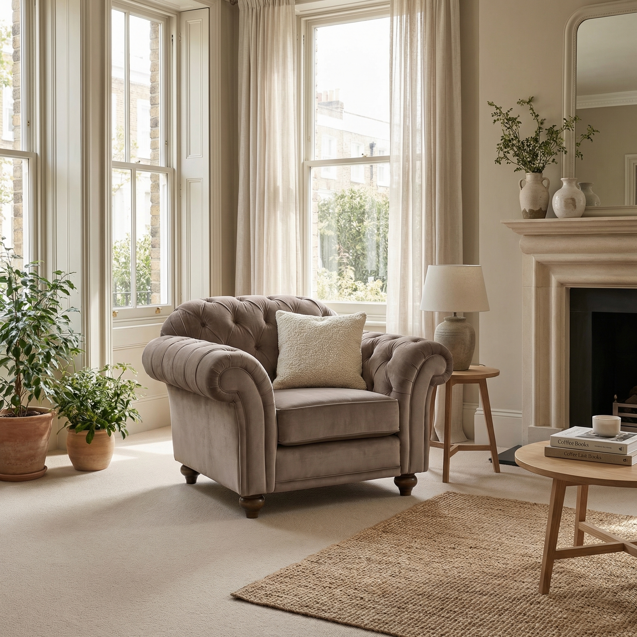 The Chesterfield Velvet Armchair in Mink with a cushion sits by tall windows in a bright, elegant living room decorated in neutral tones.