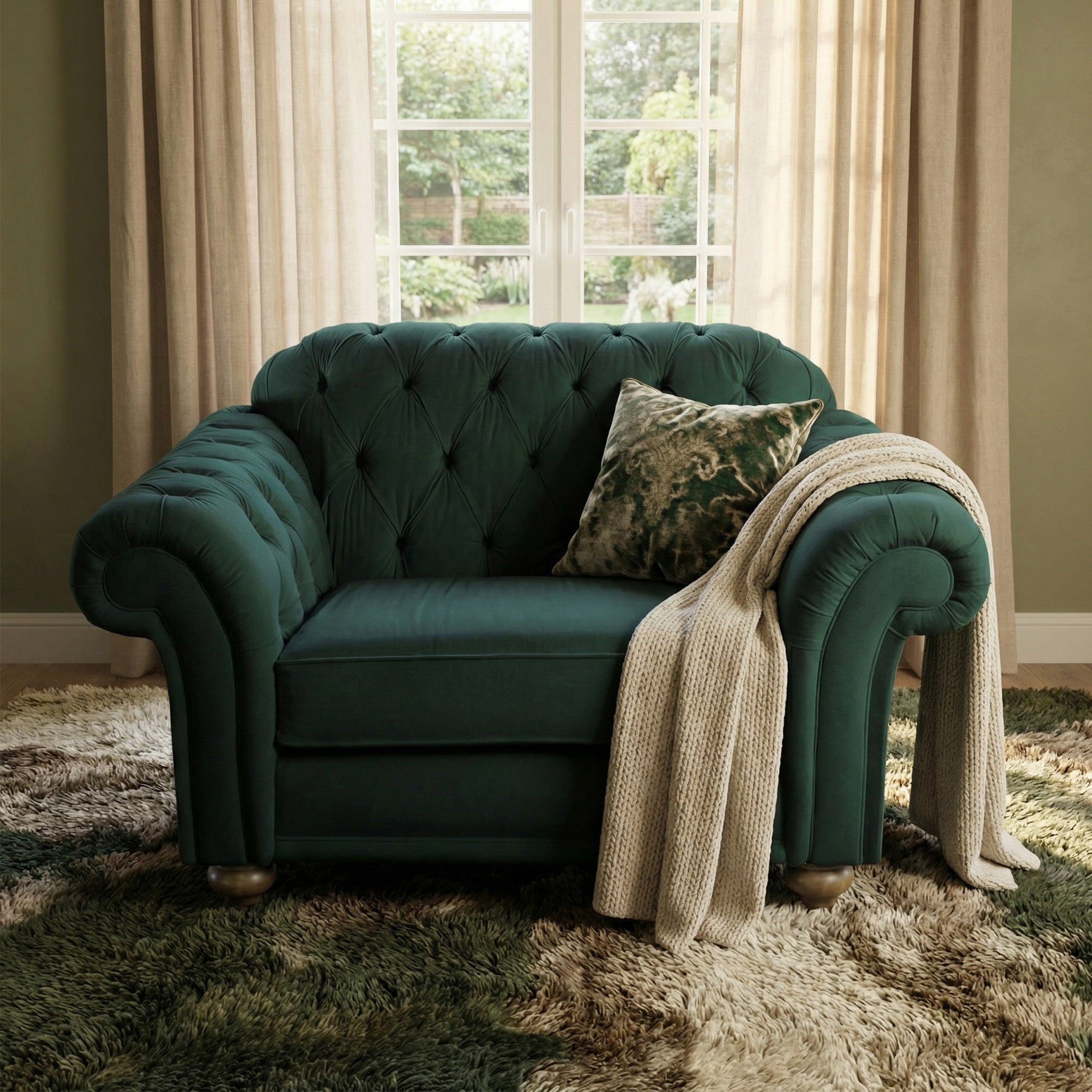 The Chesterfield Velvet Loveseat in Bottle Green, styled with a pillow and beige throw blanket on a shaggy rug by curtained windows, adds elegance to any space.