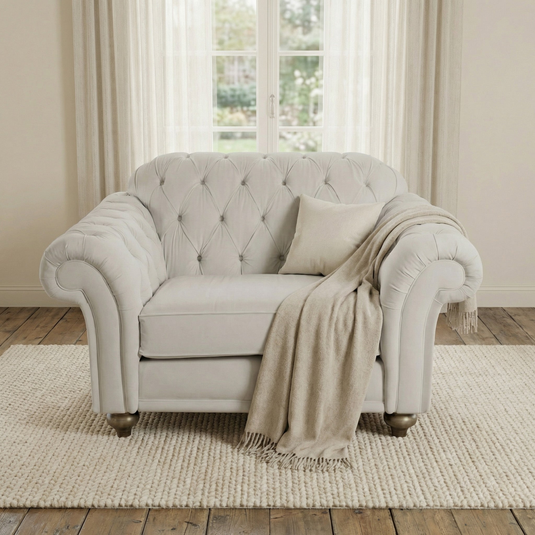 The Chesterfield Velvet Loveseat in Feather Grey sits on a rug before a window with sheer curtains, accented by a beige throw and pillow.