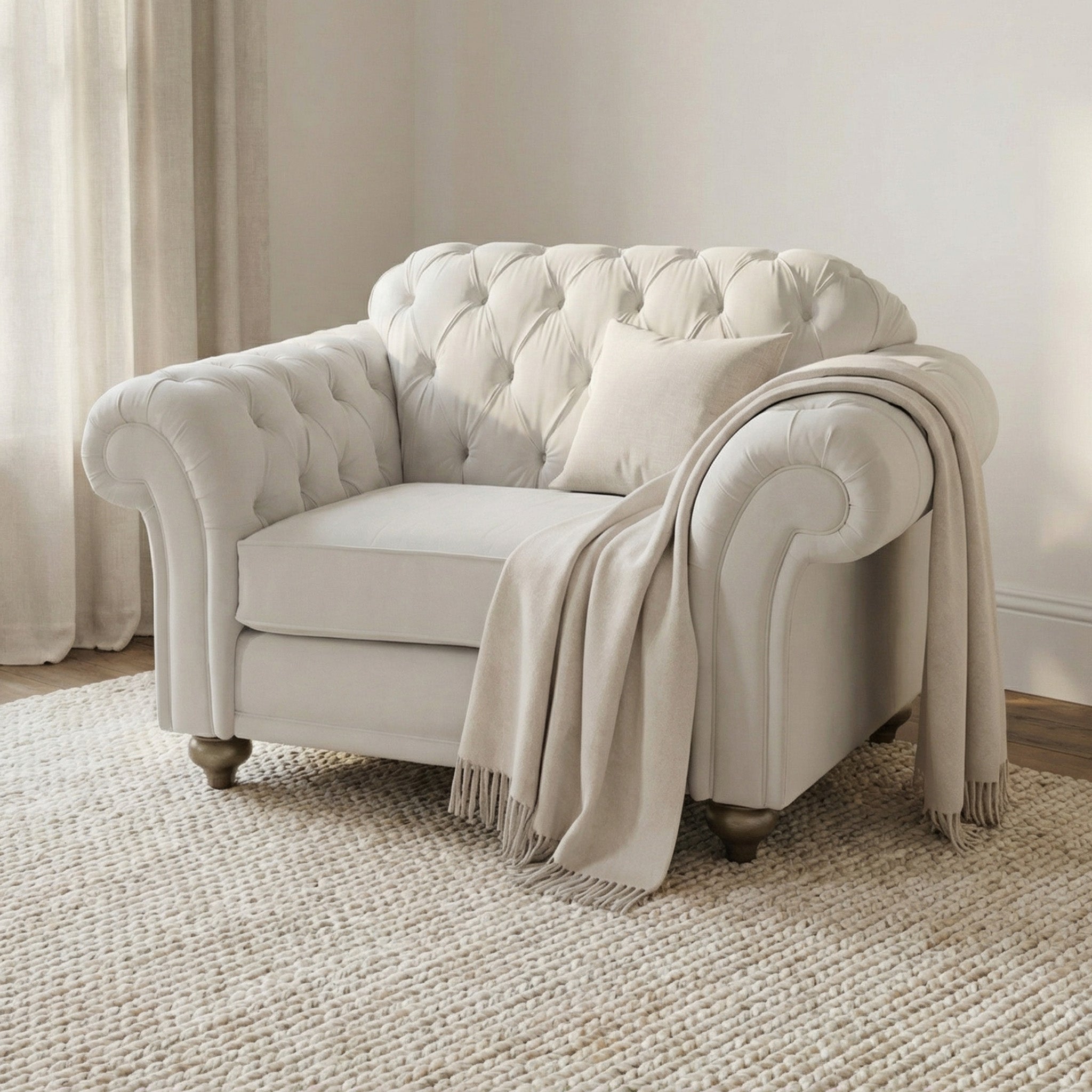 A cream tufted armchair with a cushion and beige throw rests on a textured rug, perfectly complementing the Feather Grey Chesterfield Velvet Loveseat nearby, handmade in the UK.