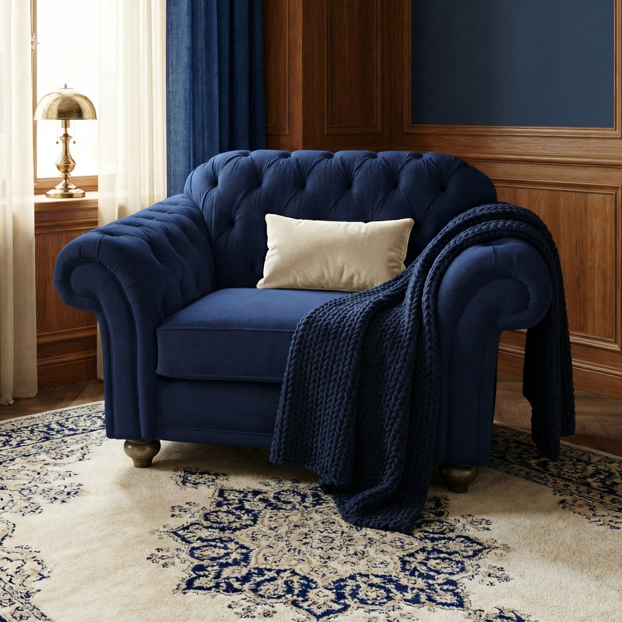 The Chesterfield Velvet Loveseat in Royal Blue, accented with a cream pillow and knit throw, sits on a patterned rug in a cozy, wood-paneled room.